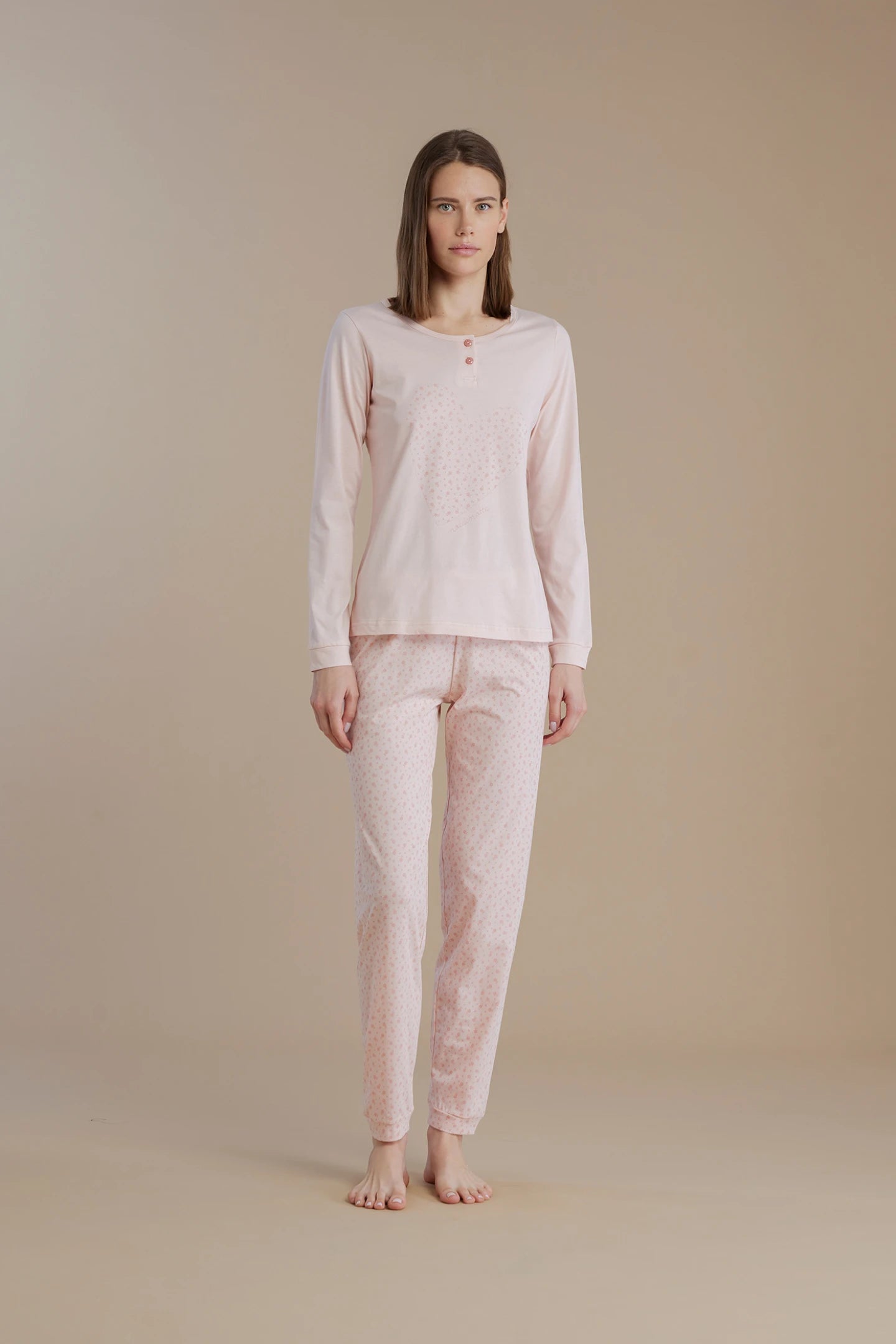 Pigiama donna in cotone con top collo due bottoni e pantalone lungo