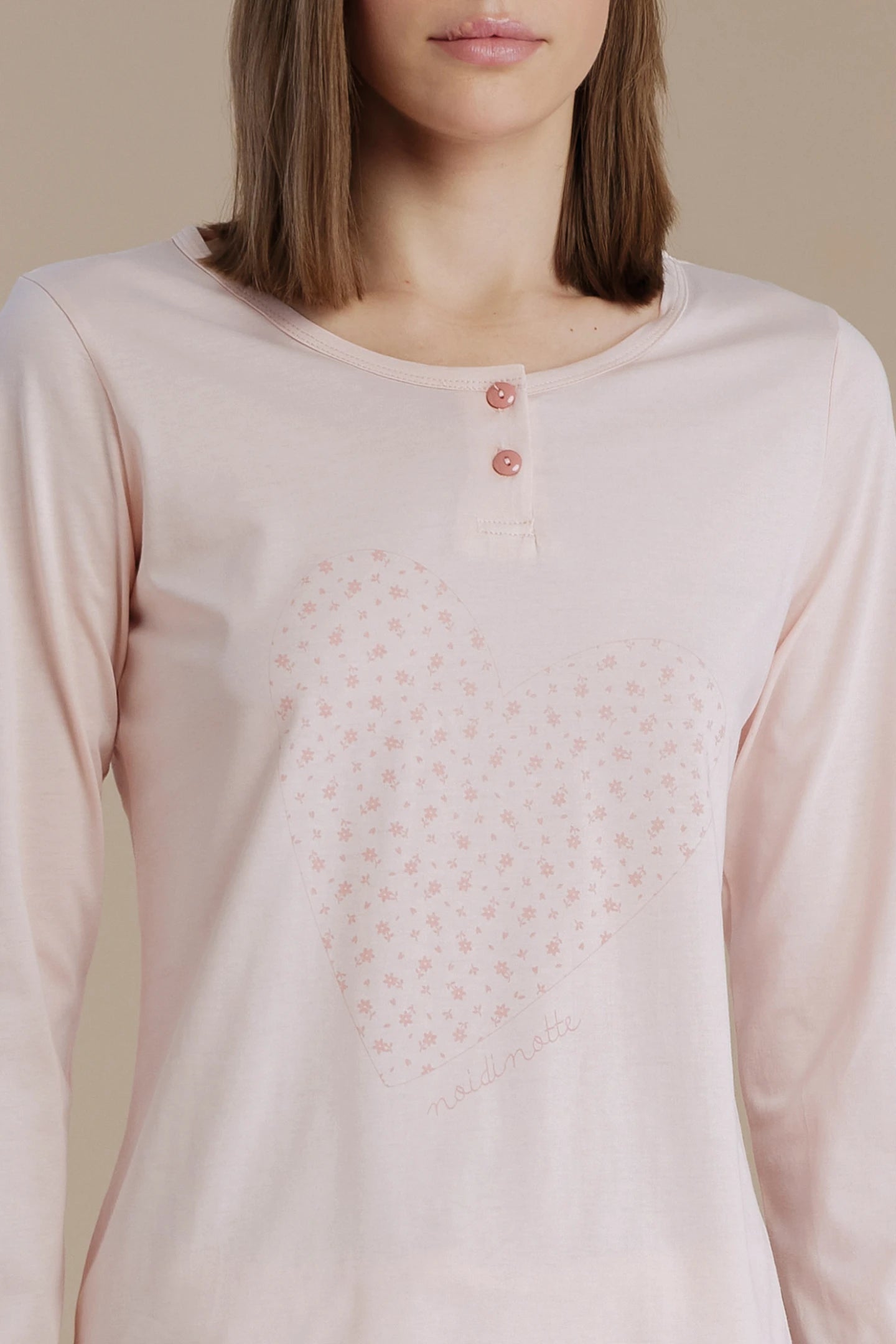 Pigiama donna in cotone con top collo due bottoni e pantalone lungo