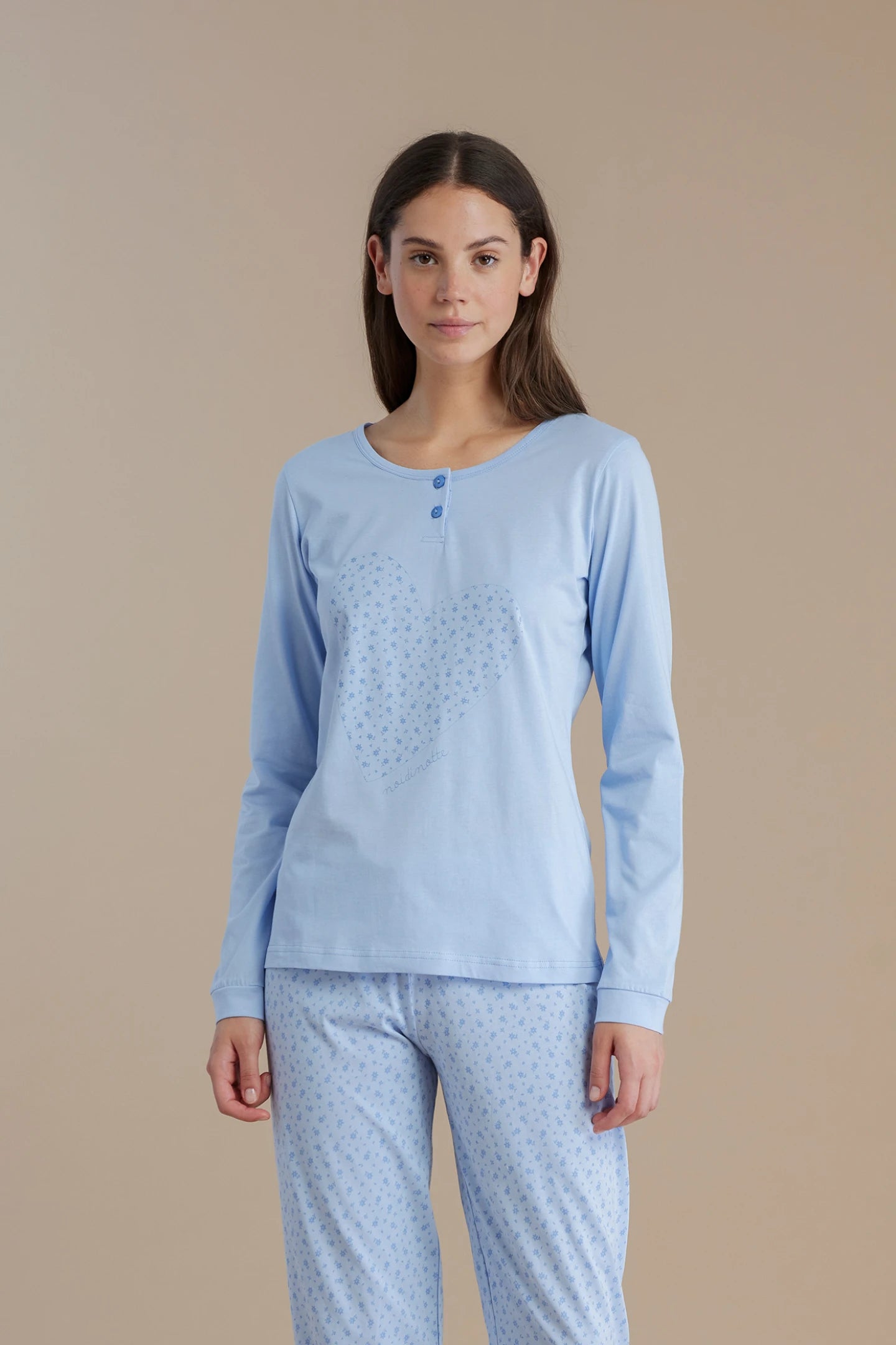 Pigiama donna in cotone con top collo due bottoni e pantalone lungo