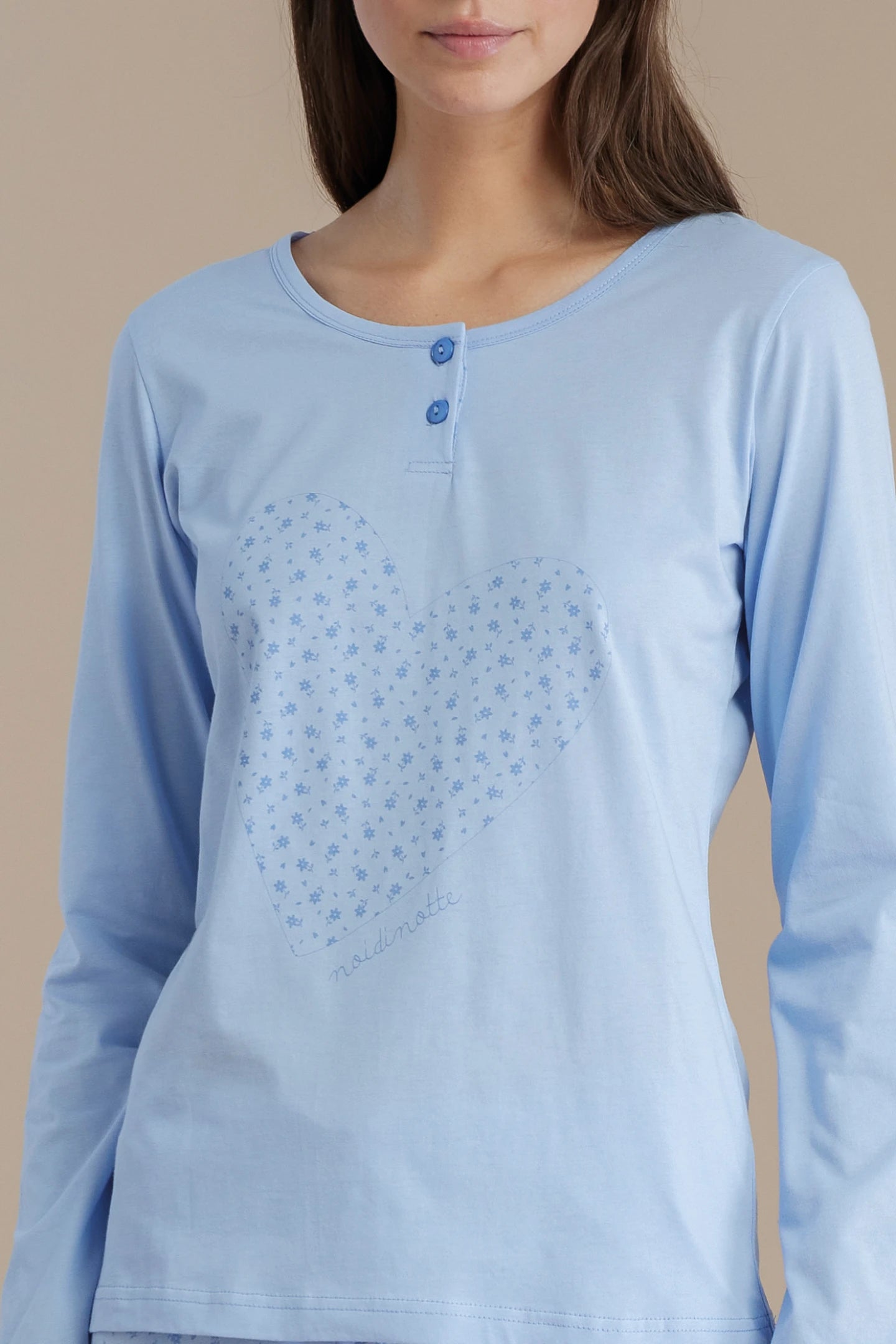 Pigiama donna in cotone con top collo due bottoni e pantalone lungo