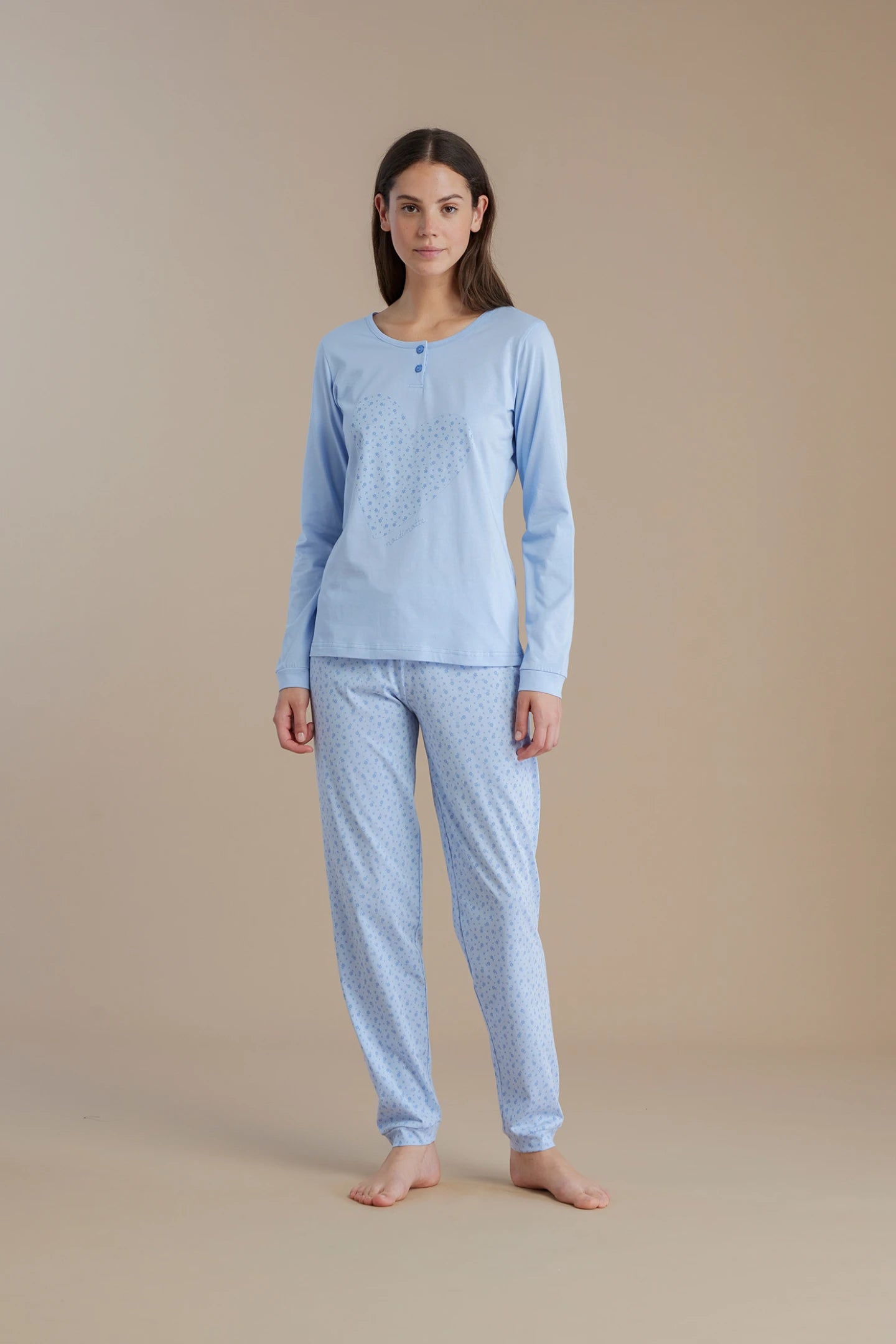 Pigiama donna in cotone con top collo due bottoni e pantalone lungo