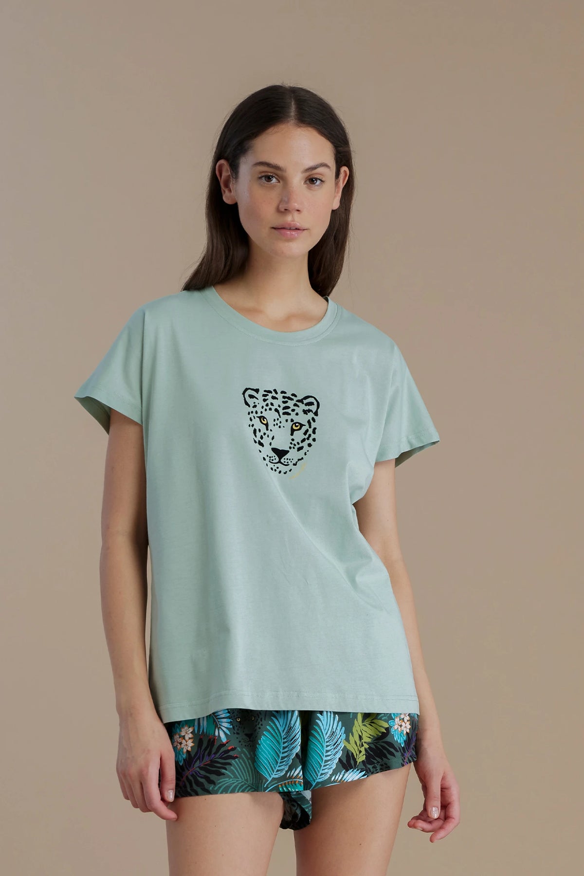 Pigiama donna top in cotone e pantalone corto in viscosa - Verde Salvia