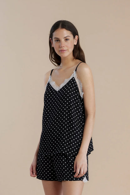 Pigiama donna in viscosa top bretellina e pantalone corto articolo pois