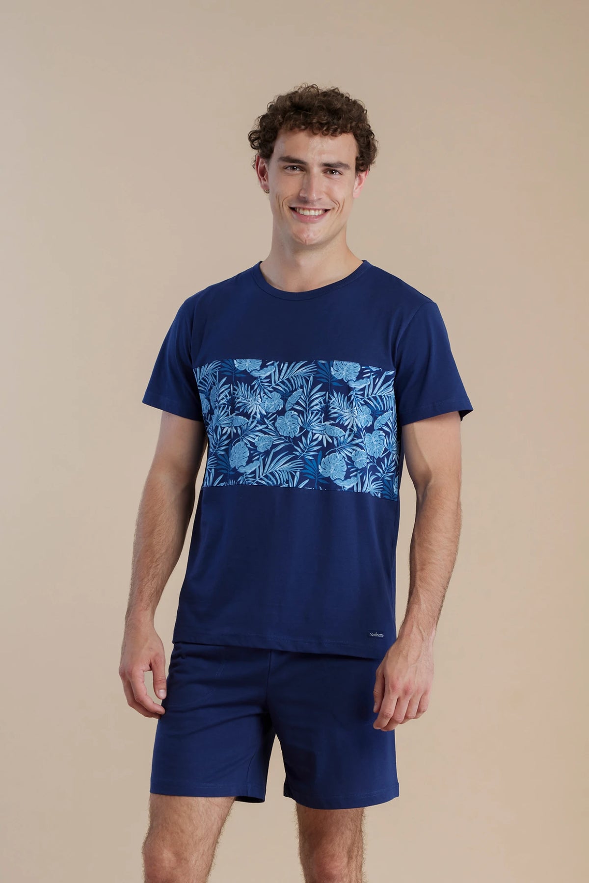 Pigiama uomo in cotone con top manica corta girocollo e pantalone corto - Blu Navy