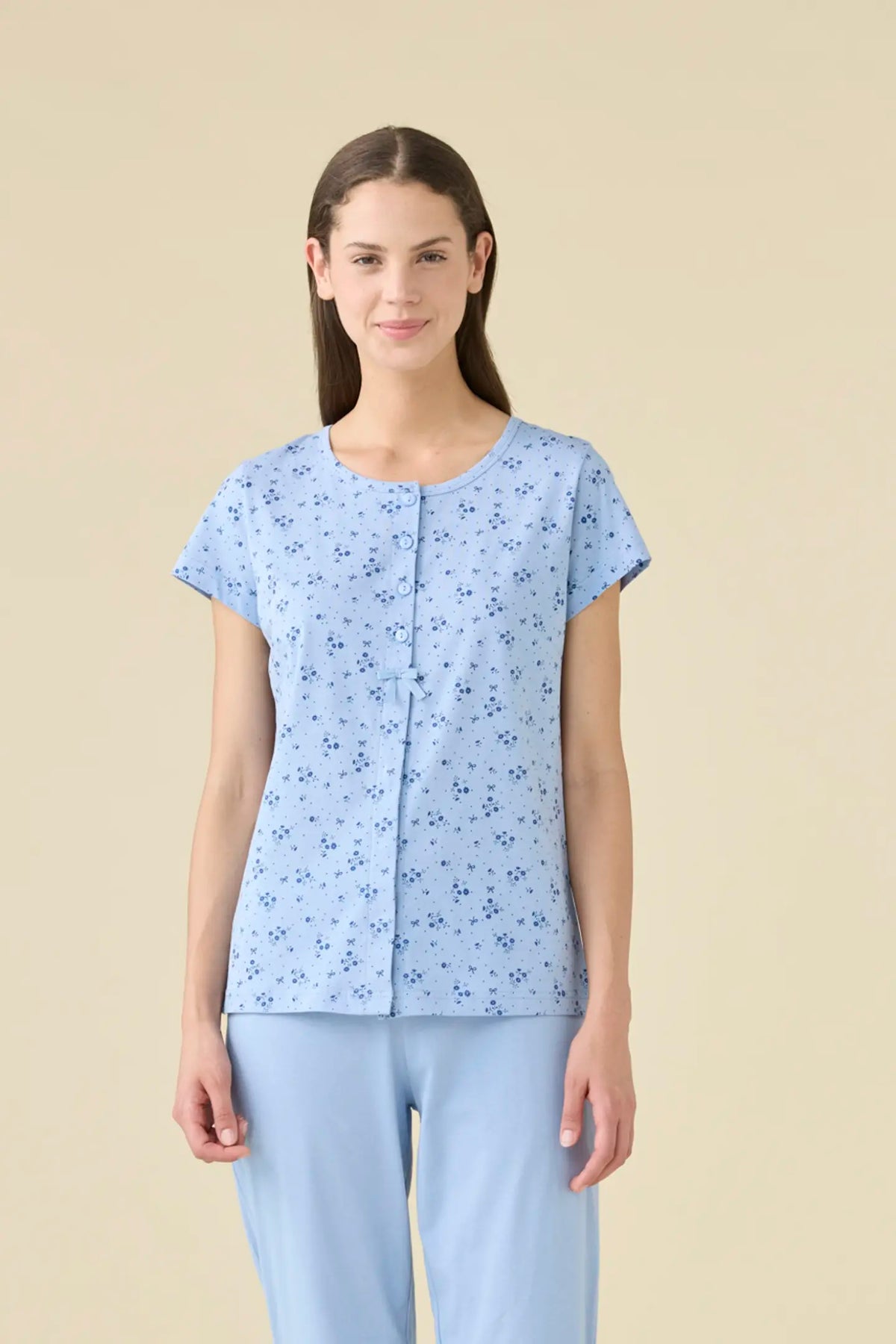 Pigiama donna estivo in cotone articolo flower. - Azzurro