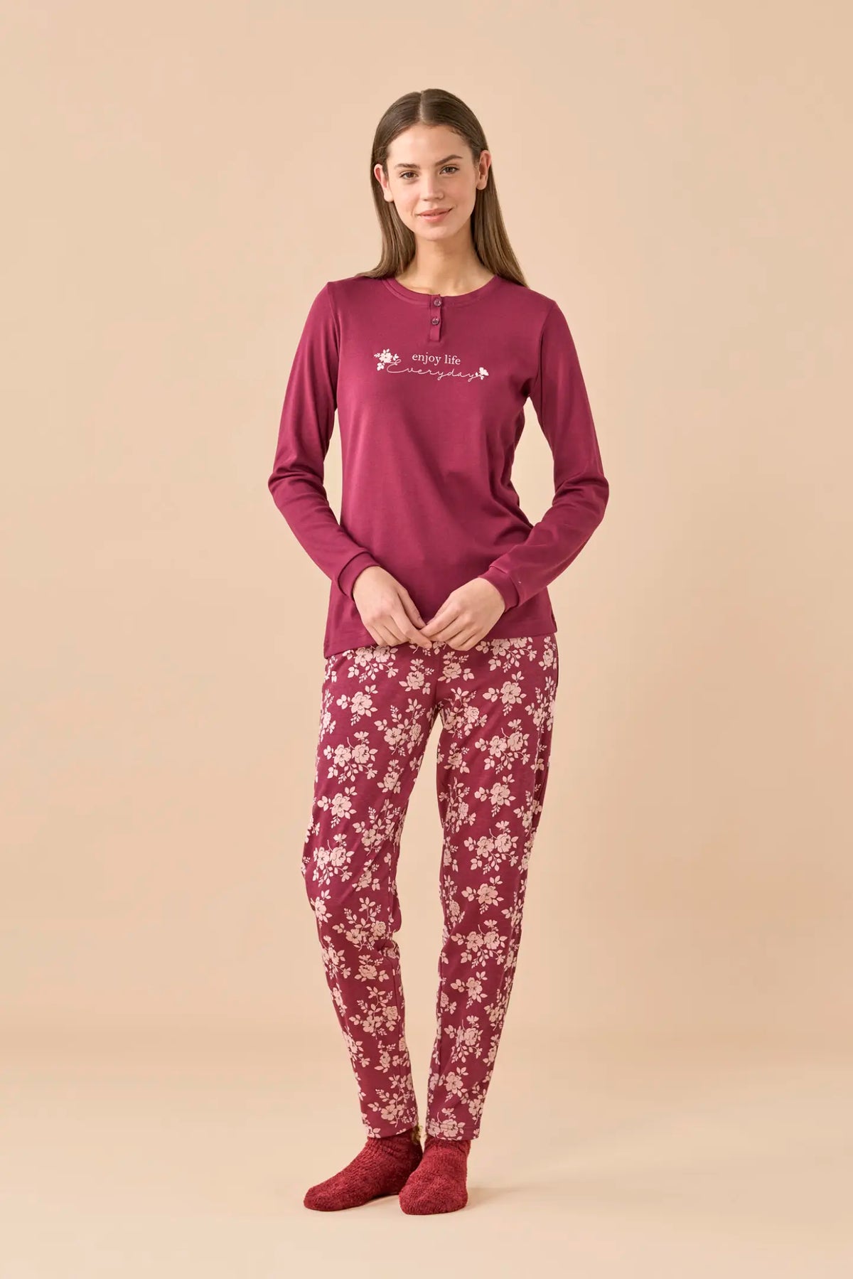 Pigiama da donna in caldo cotone, manica lunga, pantalone lungo