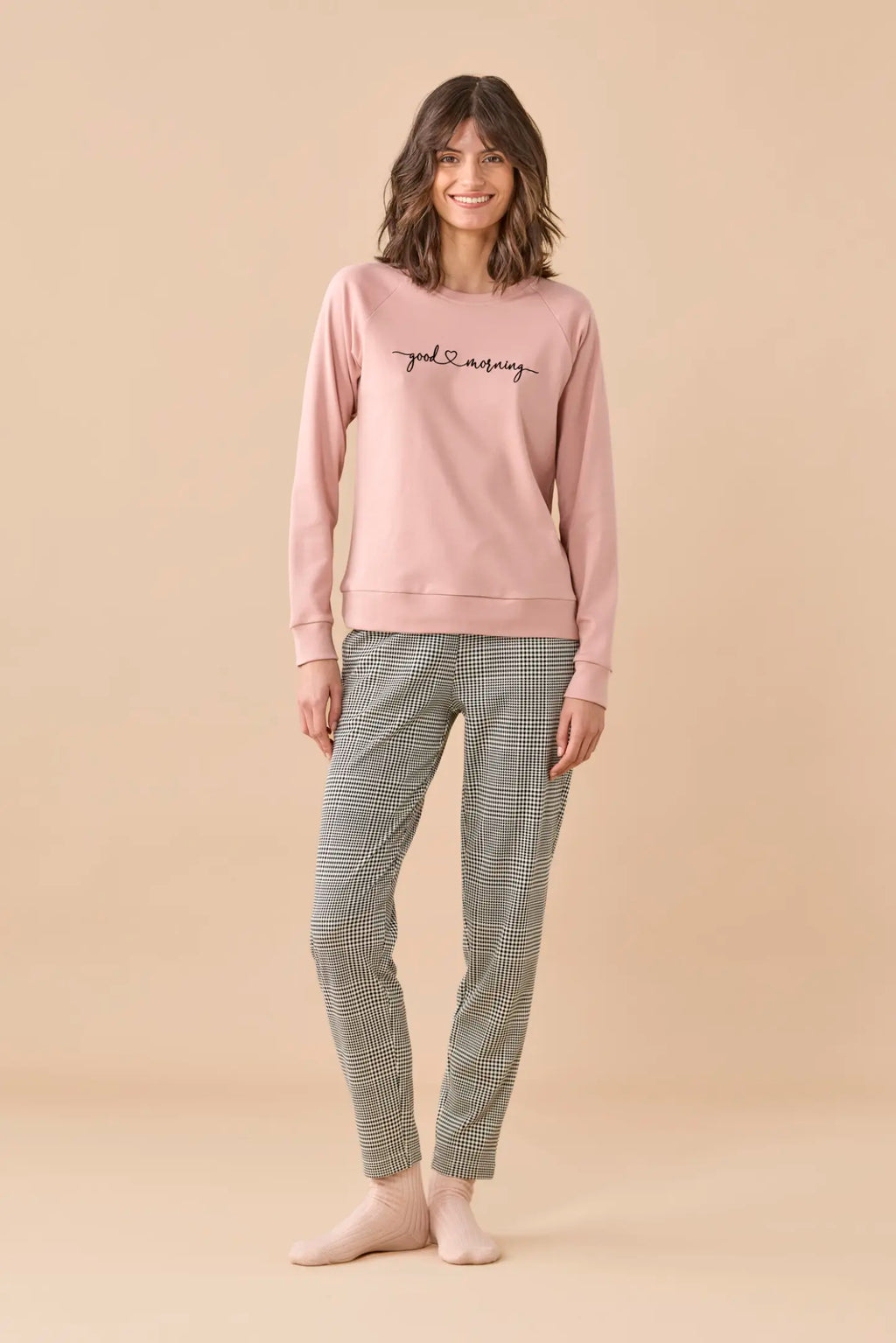 Pigiama da donna in caldo cotone, girocollo, manica lunga, pantalone lungo