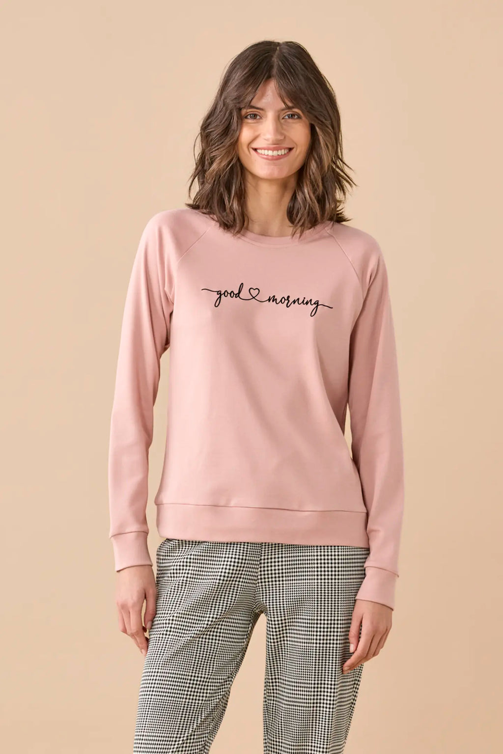 Pigiama da donna in caldo cotone, girocollo, manica lunga, pantalone lungo