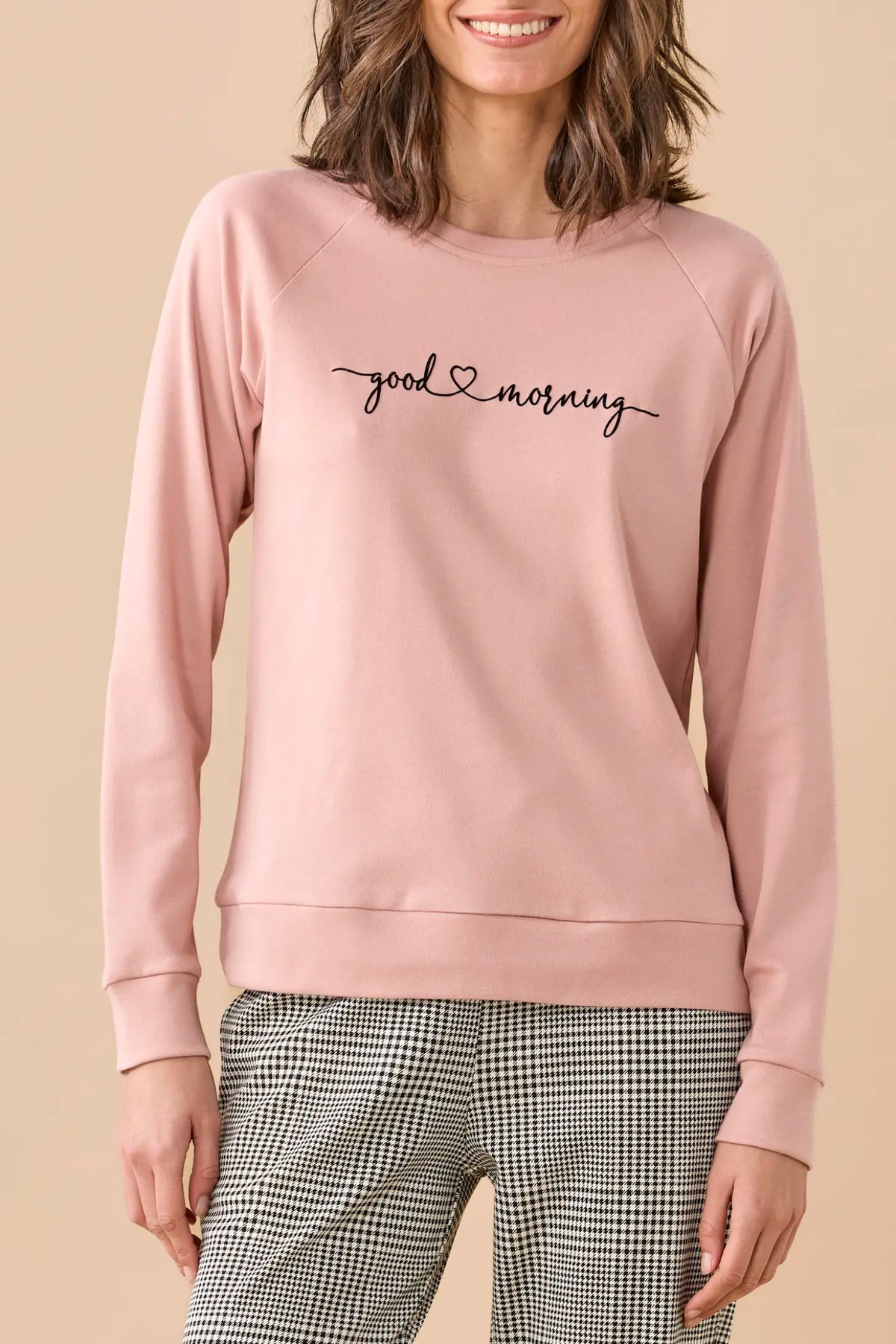 Pigiama da donna in caldo cotone, girocollo, manica lunga, pantalone lungo