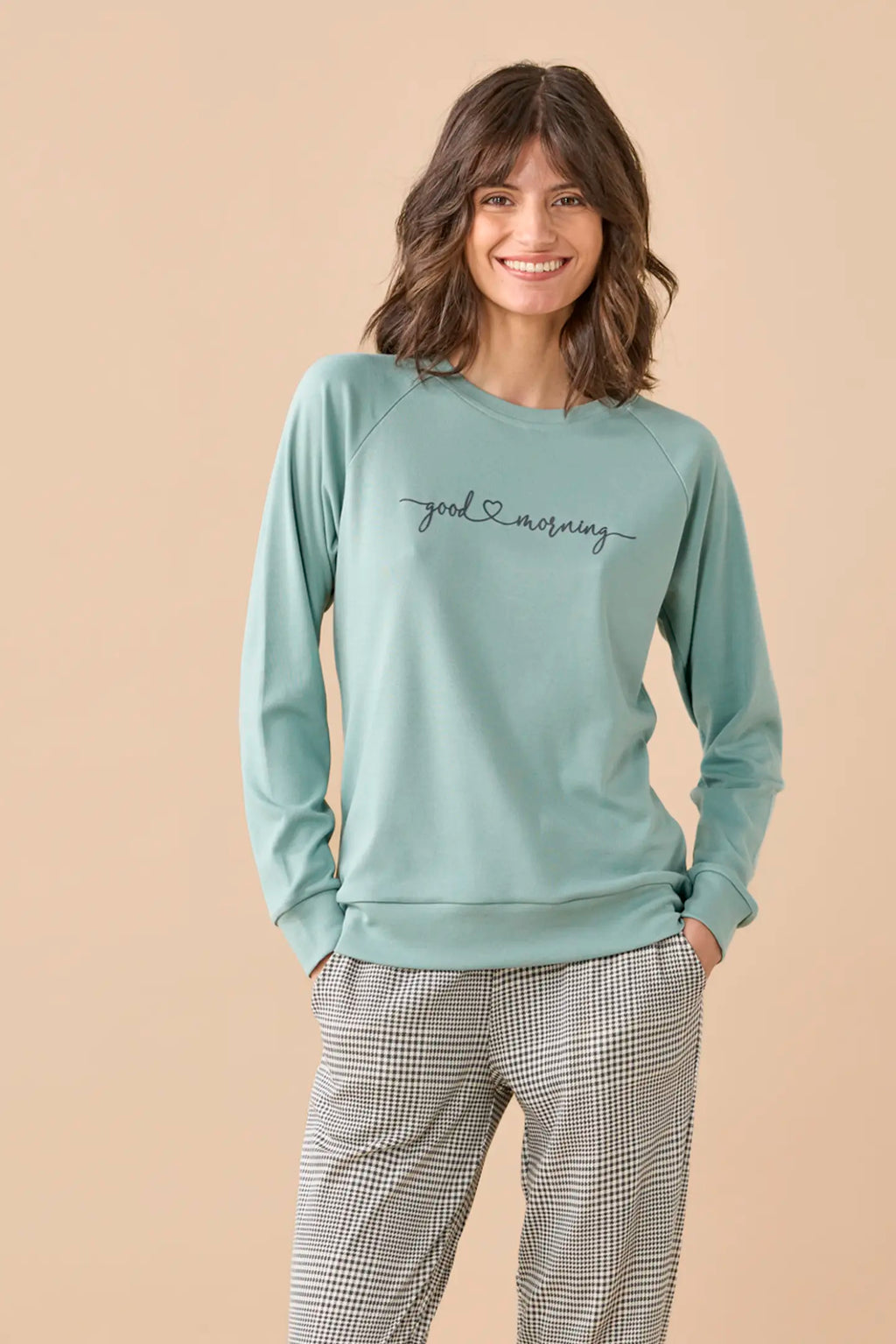 Pigiama da donna in caldo cotone, girocollo, manica lunga, pantalone lungo