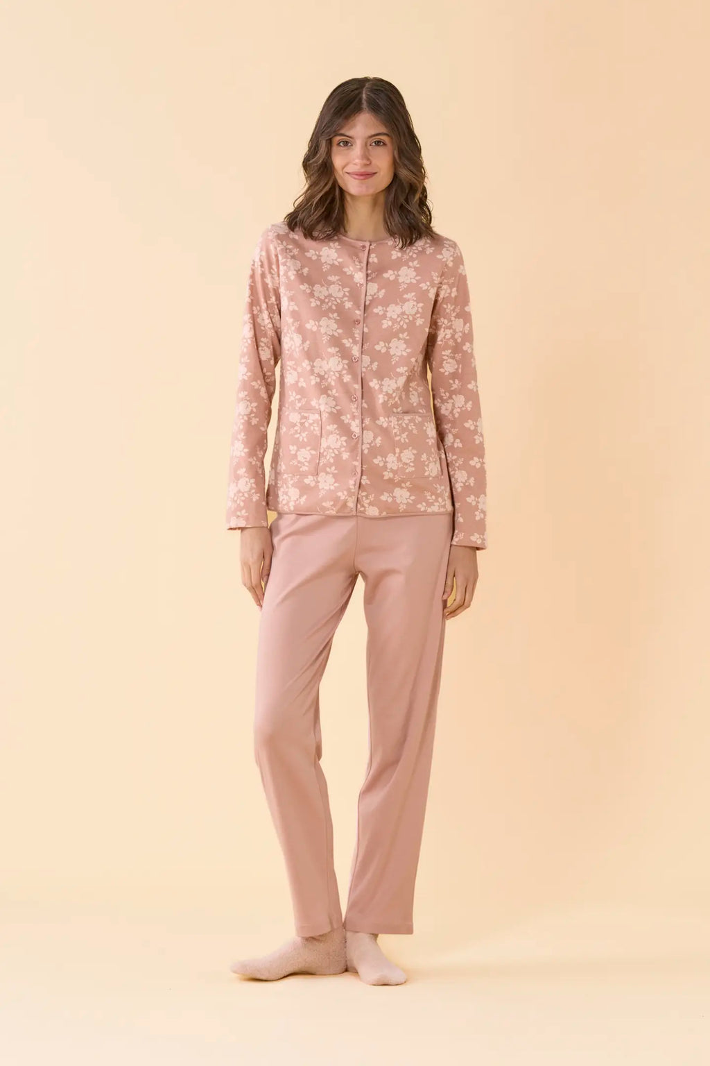 Pigiama da donna in caldo cotone, con apertura completa davanti, manica lunga, pantalone lungo