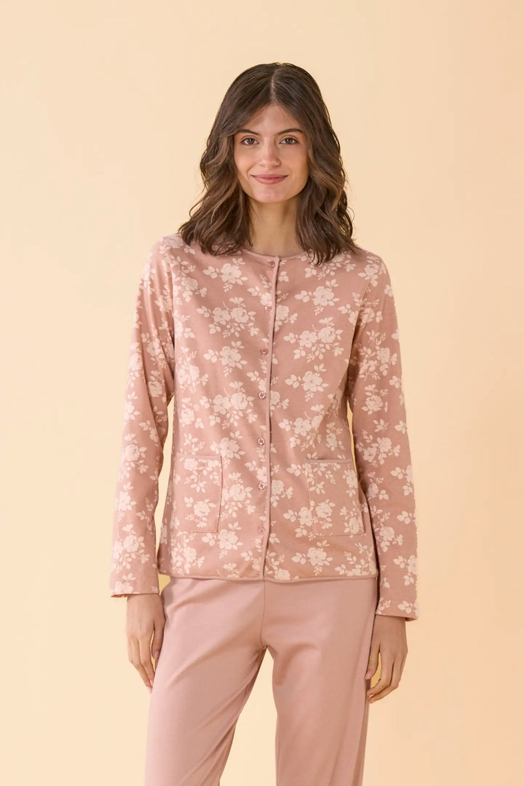 Pigiama da donna in caldo cotone, con apertura completa davanti, manica lunga, pantalone lungo