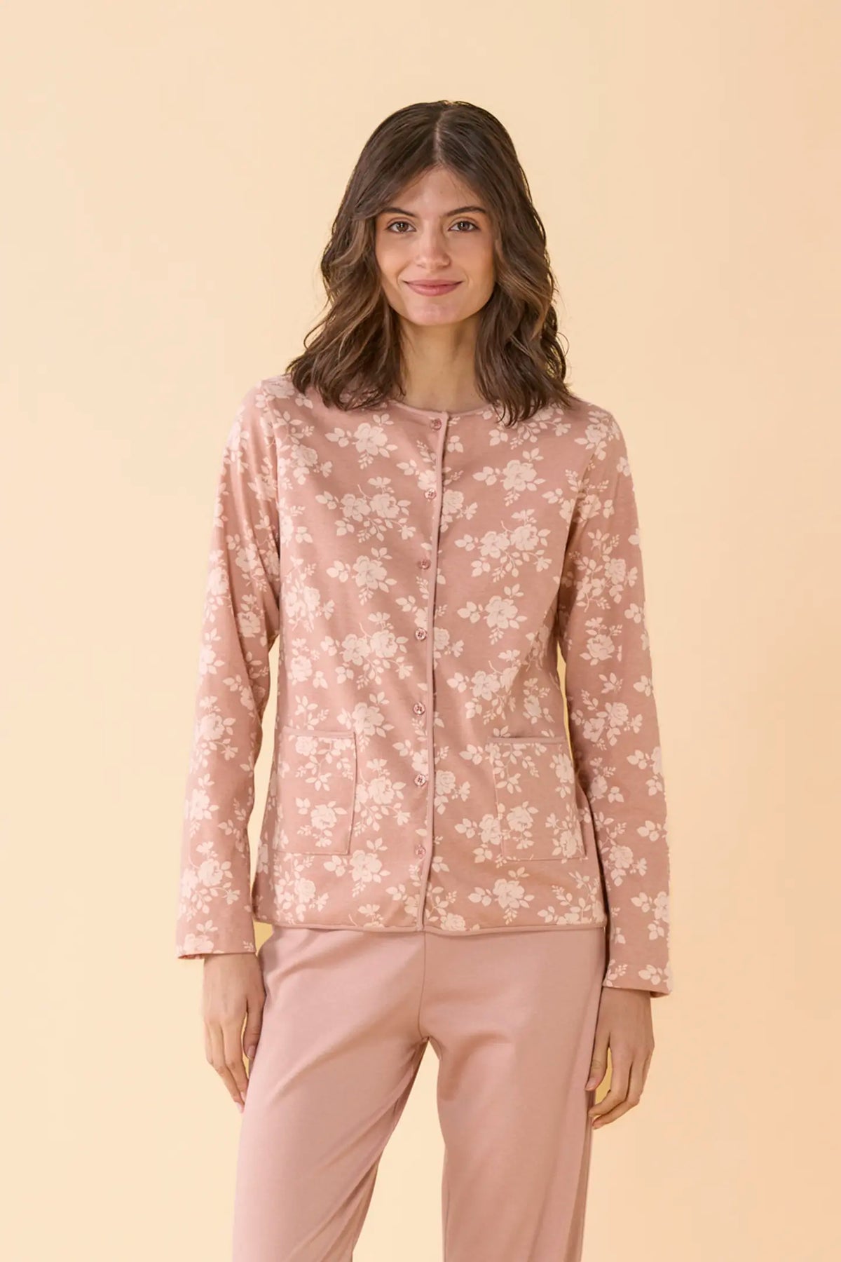 Pigiama da donna in caldo cotone, con apertura completa davanti, manica lunga, pantalone lungo