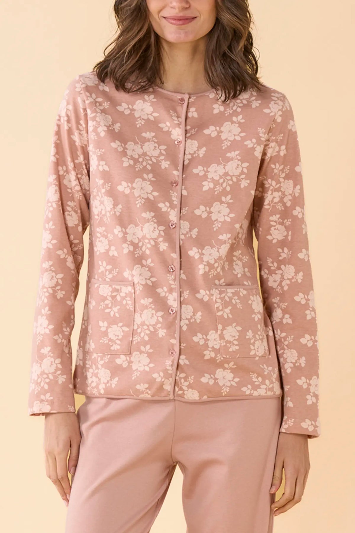 Pigiama da donna in caldo cotone, con apertura completa davanti, manica lunga, pantalone lungo