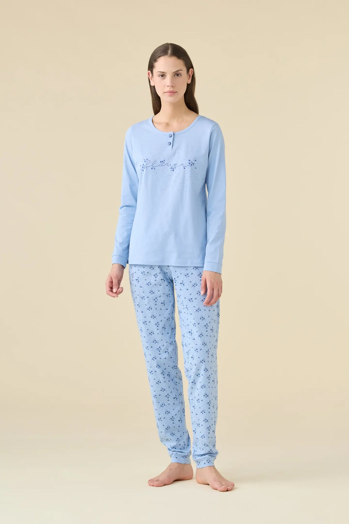 Pigiama donna estivo in cotone articolo flower. - Ceruleo