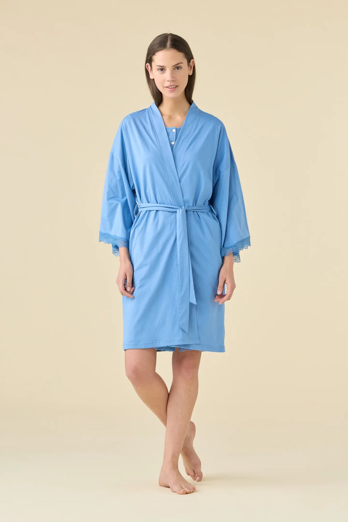 Vestaglia kimono donna estiva in cotone articolo essential. - Blu