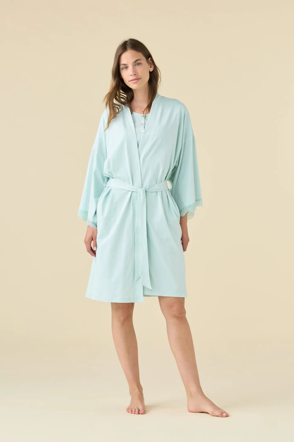 Vestaglia kimono donna estiva in cotone articolo essential. - Salvia
