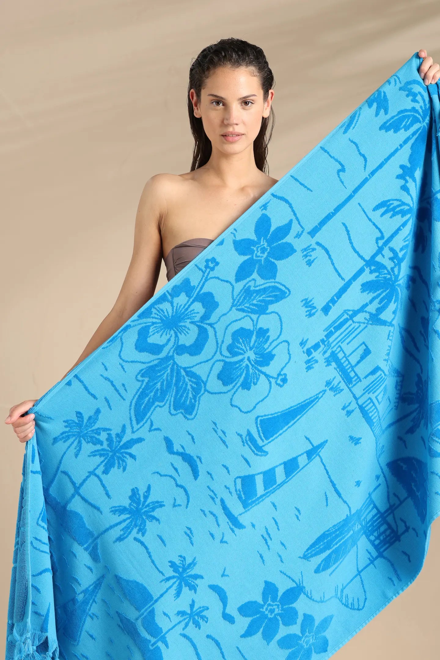Telo mare in spugna velour rasato 90 x 170 cm tropicale.