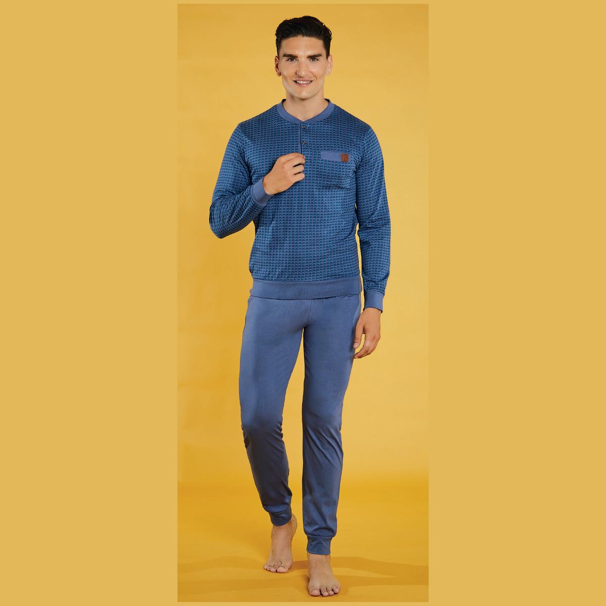 Pigiama uomo in cotone, manica lunga - Blu Denim