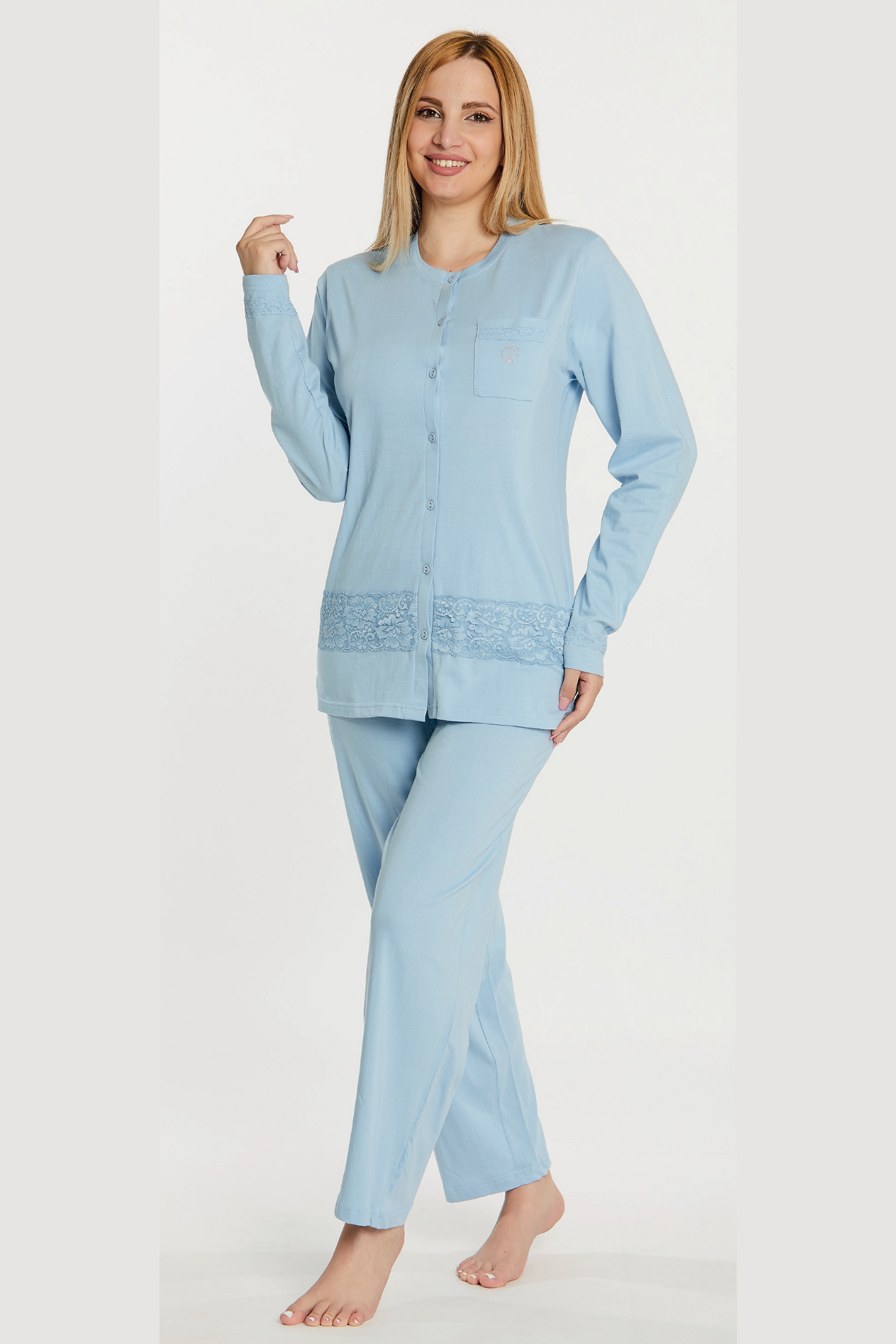 Pigiama donna Manica Lunga, Pantalone Lungo, Abbottonatura frontale