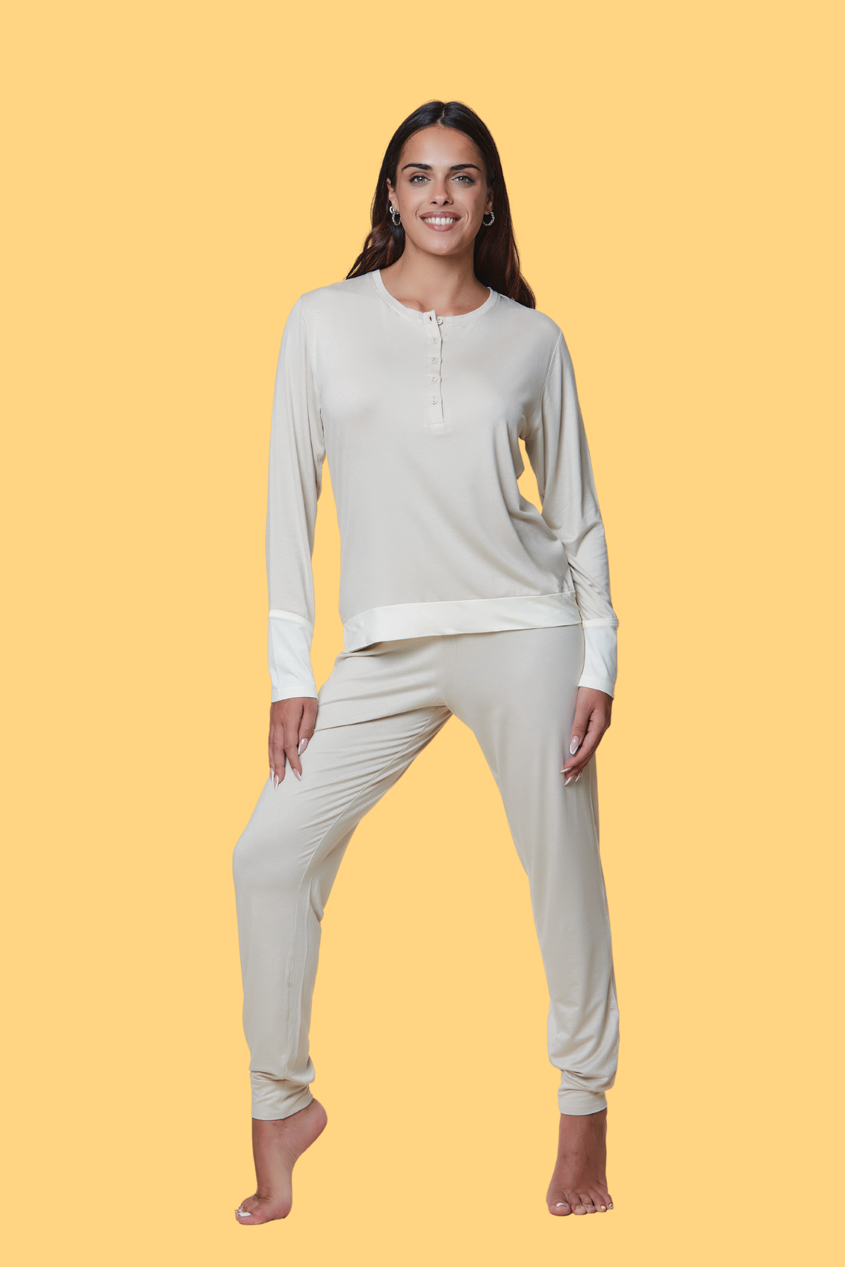 Pigiama da donna in cotone manica lunga - Beige