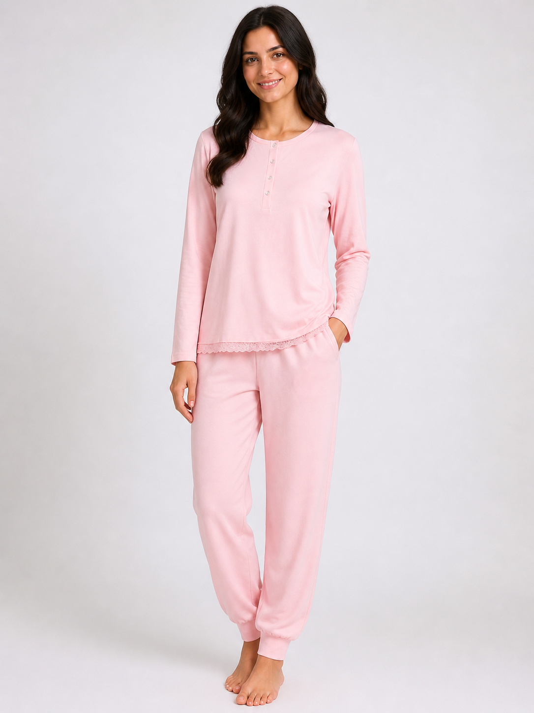 Pigiama da donna aperto in cotone leggero manica lunga - Rosa
