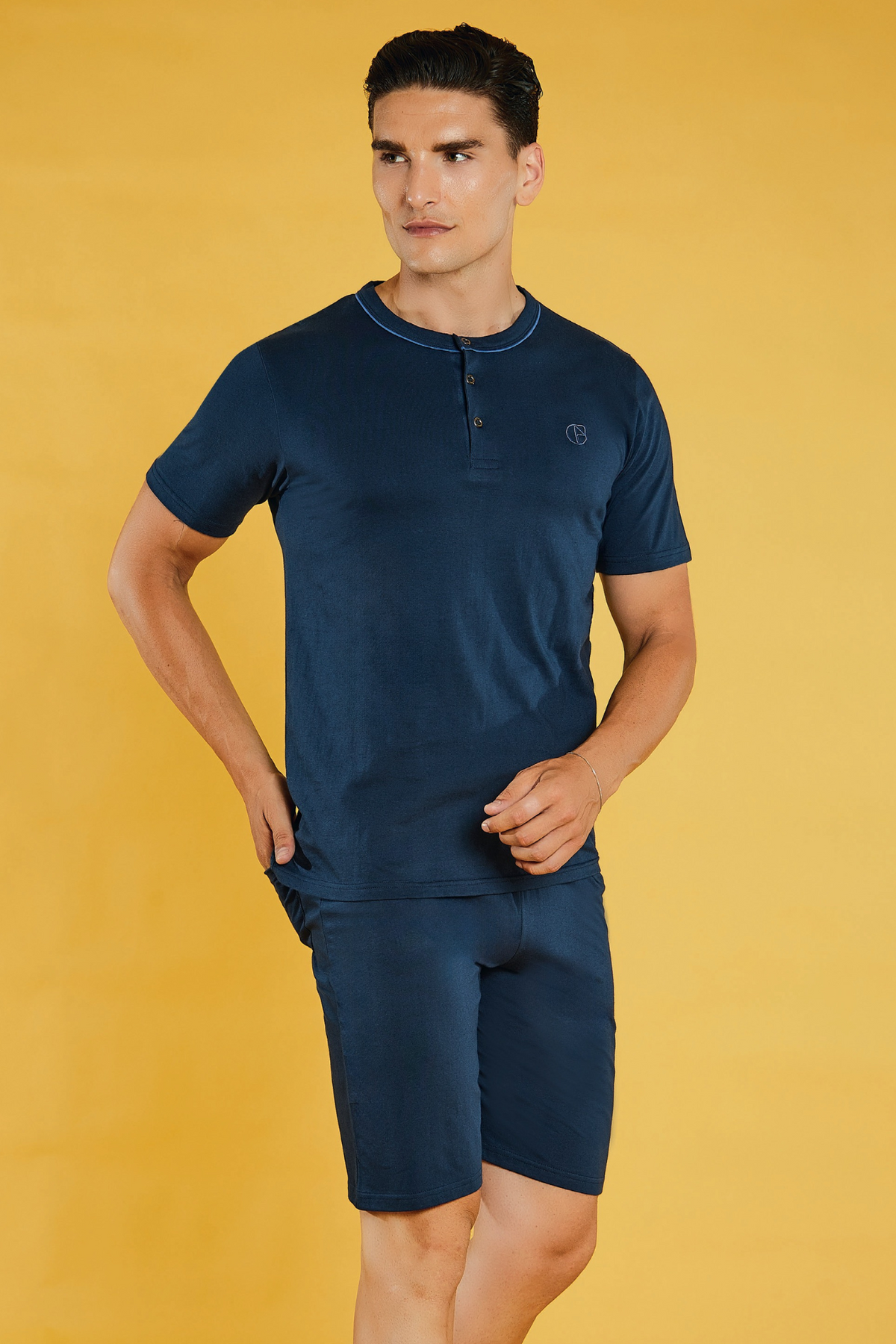 Pigiama uomo tre pezzi, Manica corta, Pantalone lungo, Pantaloncino, tinta unita - Blu