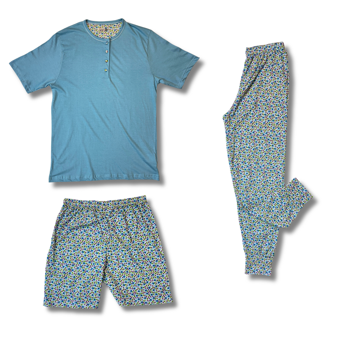 Pigiama donna tre pezzi, maglia mezza manica, pantalone lungo e pantaloncino - Azzurro Cielo