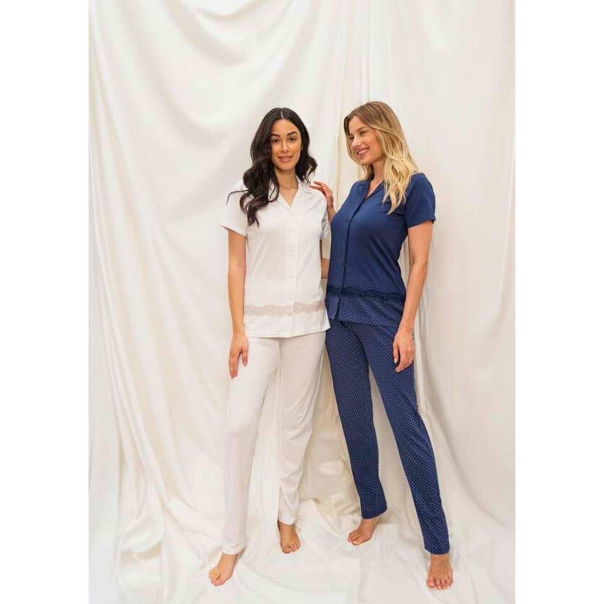 Pigiama donna manica corta giacca con bottoni e pantalone lungo - Curvy - Blu