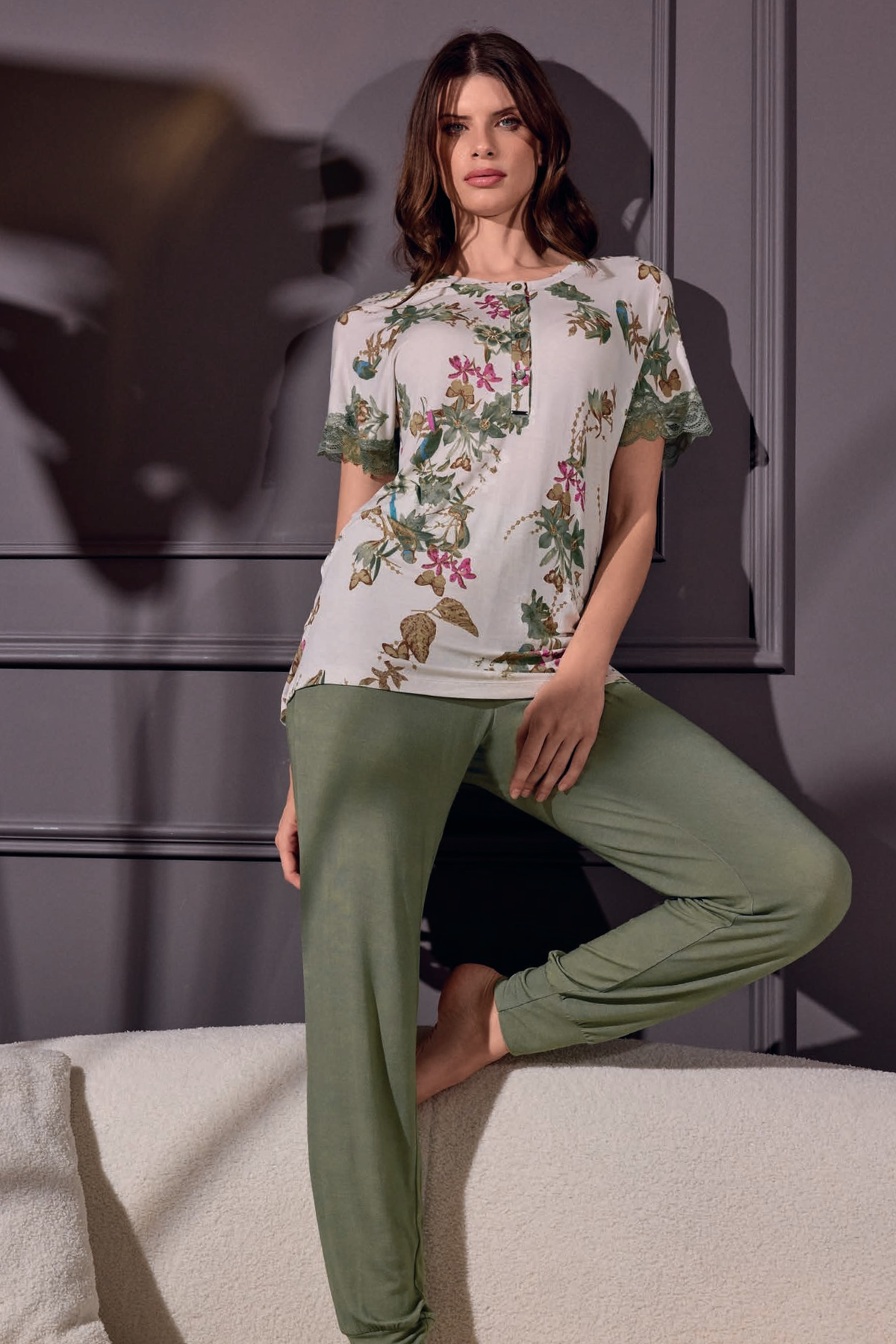 Pigiama serafino - TAHITI - Beige/Oliva