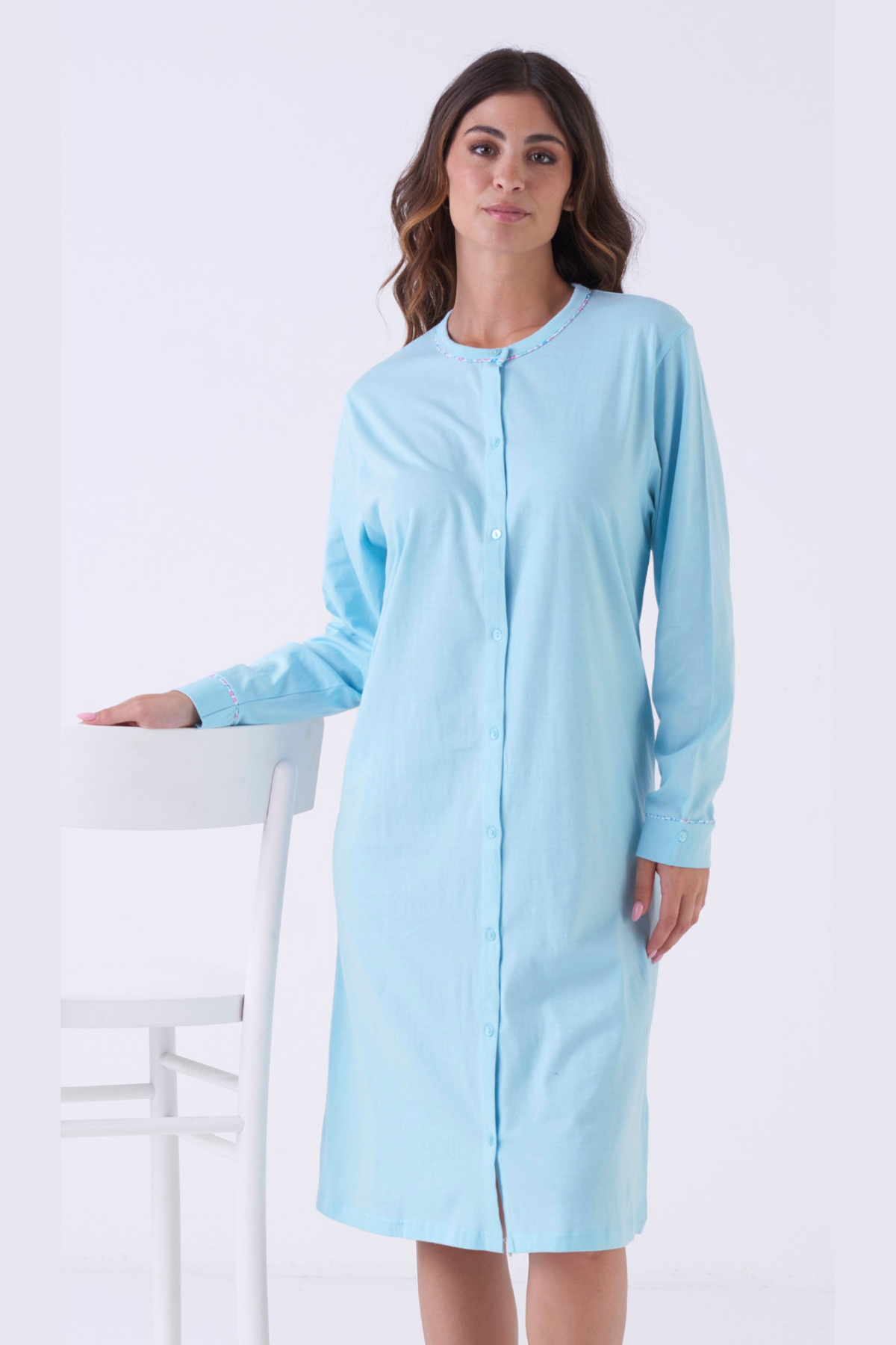 Camicia da notte in cotone con abbotonatura frontale, manica lunga - Azzurro