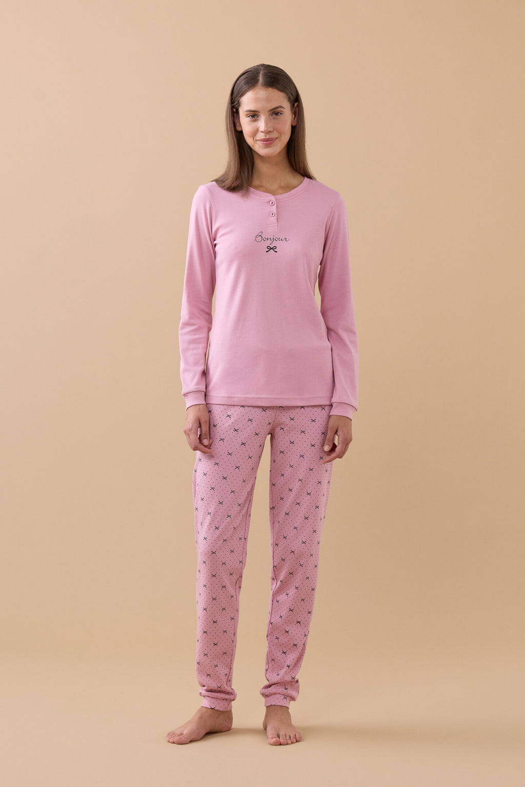 Pigiama da donna in caldo cotone, con 3 bottoni, manica lunga, pantalone lungo