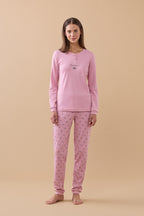 Pigiama da donna in caldo cotone, con 3 bottoni, manica lunga, pantalone lungo