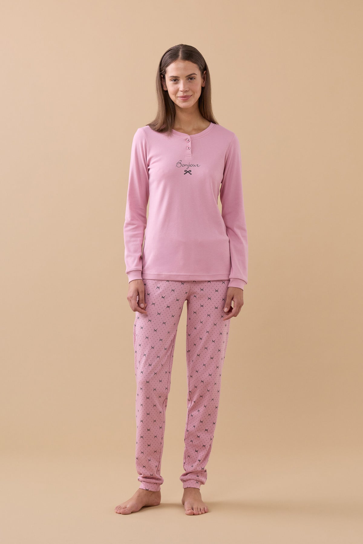 Pigiama da donna in caldo cotone, con 3 bottoni, manica lunga, pantalone lungo