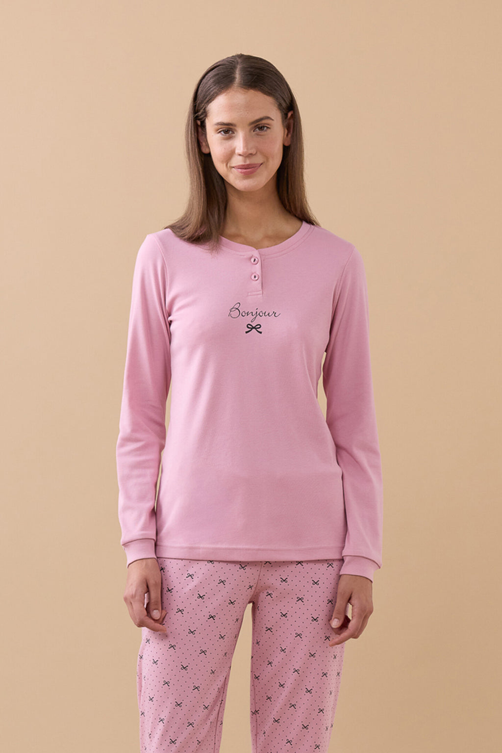 Pigiama da donna in caldo cotone, con 3 bottoni, manica lunga, pantalone lungo
