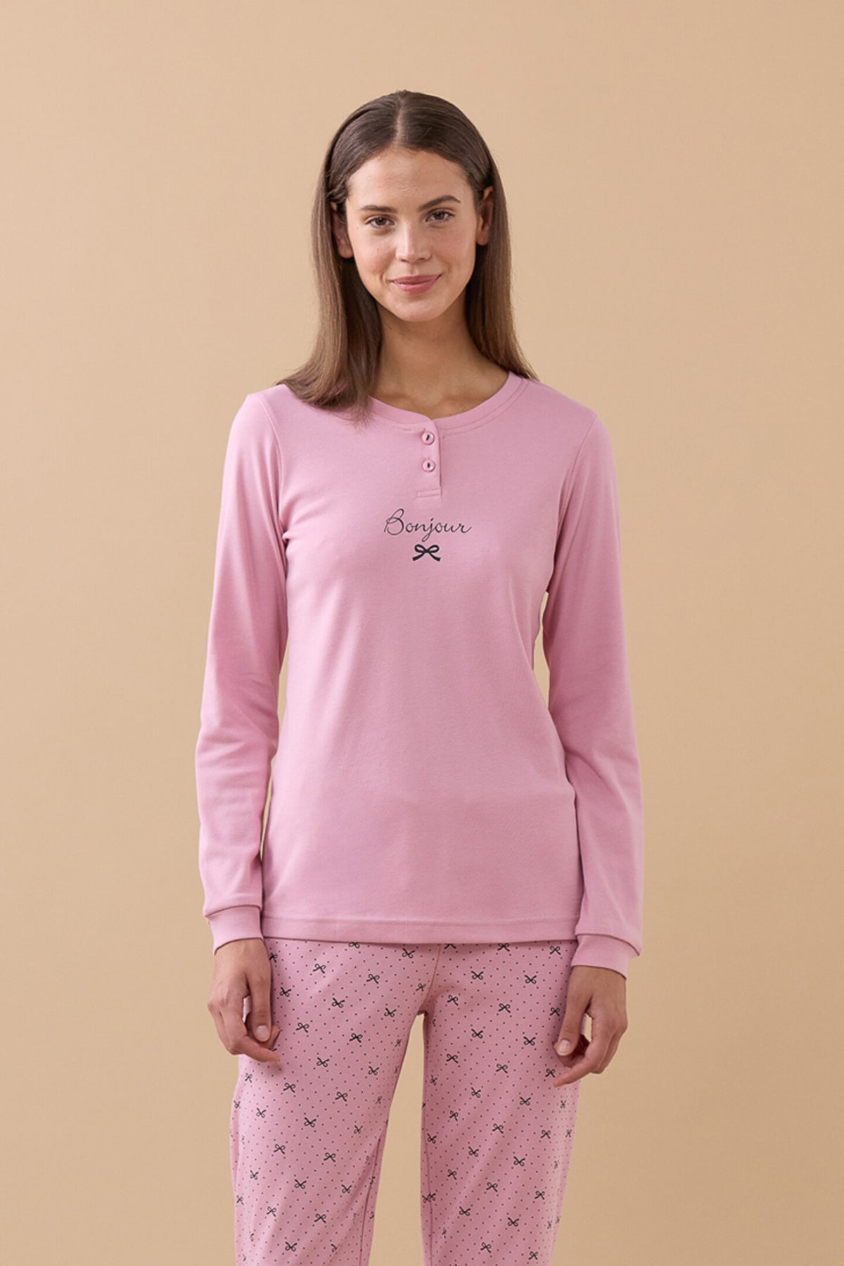 Pigiama da donna in caldo cotone, con 3 bottoni, manica lunga, pantalone lungo