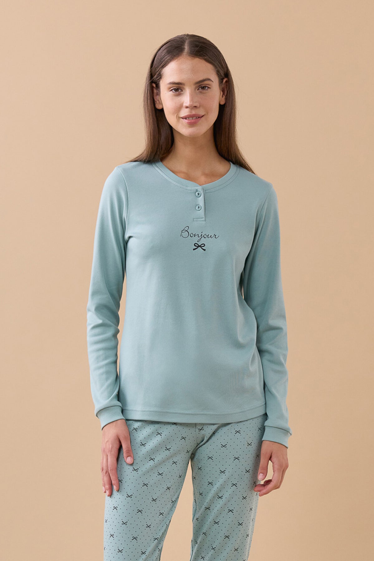 Pigiama da donna in caldo cotone, con 3 bottoni, manica lunga, pantalone lungo