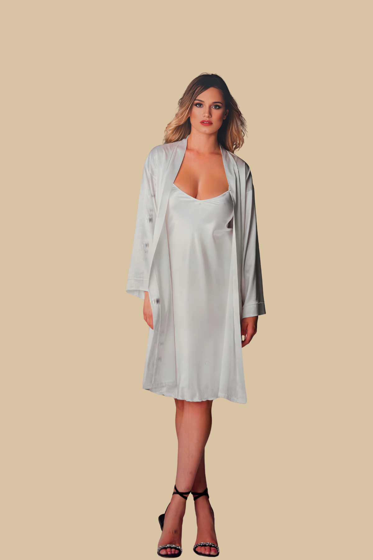 Coordinato Sposa Kimono manica 3/4 + Sottoveste bretellina - Panna