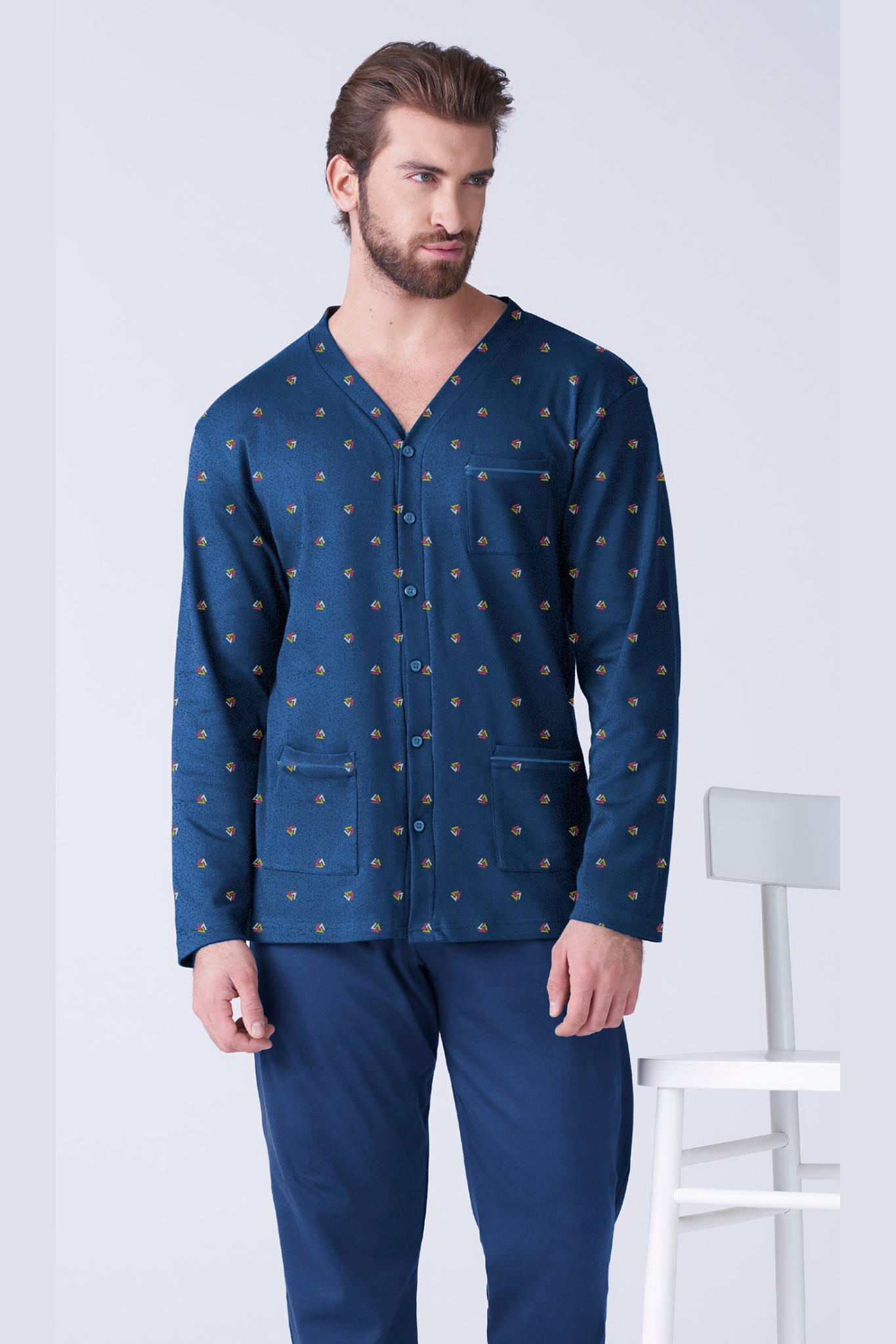 Pigiama da uomo in caldo cotone abbottonatura frontale