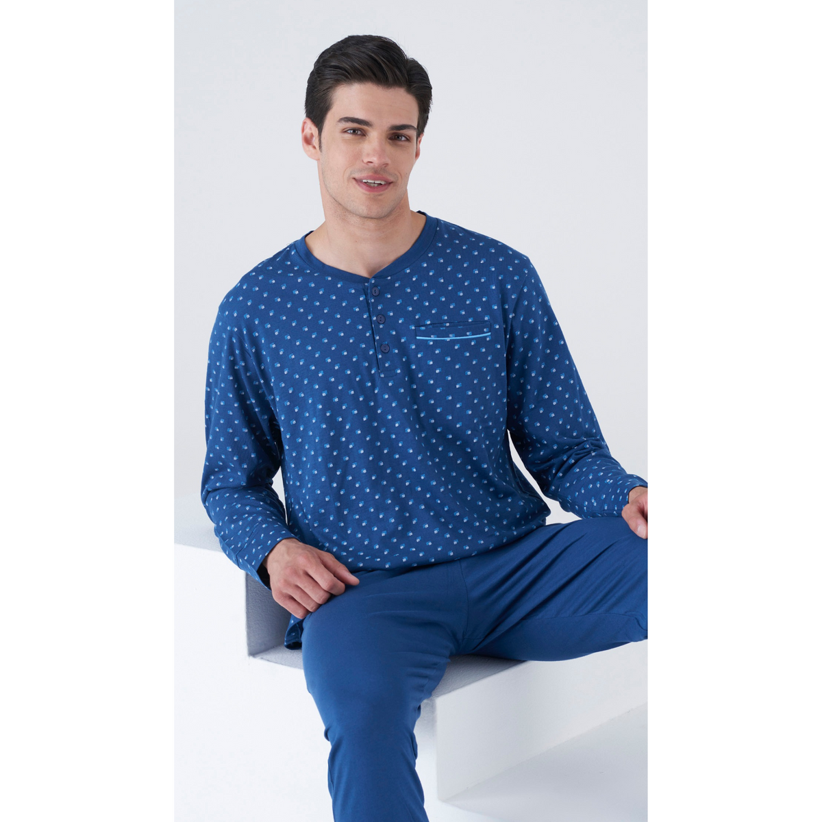 Pigiama uomo in cotone, manica lunga - Blu