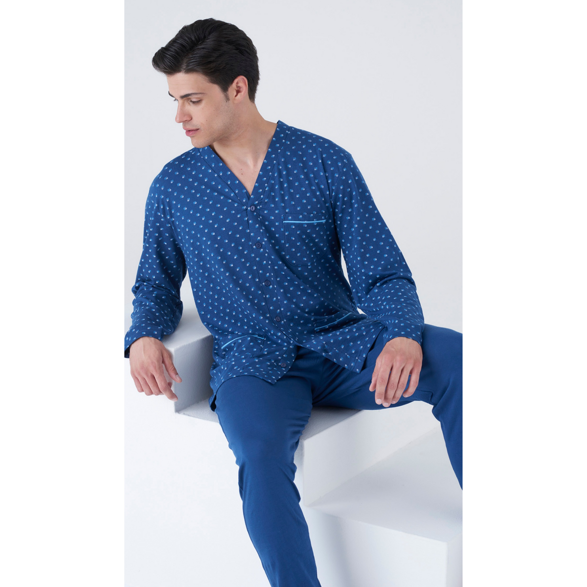 Pigiama uomo in cotone con abbottonatura frontale - Blu