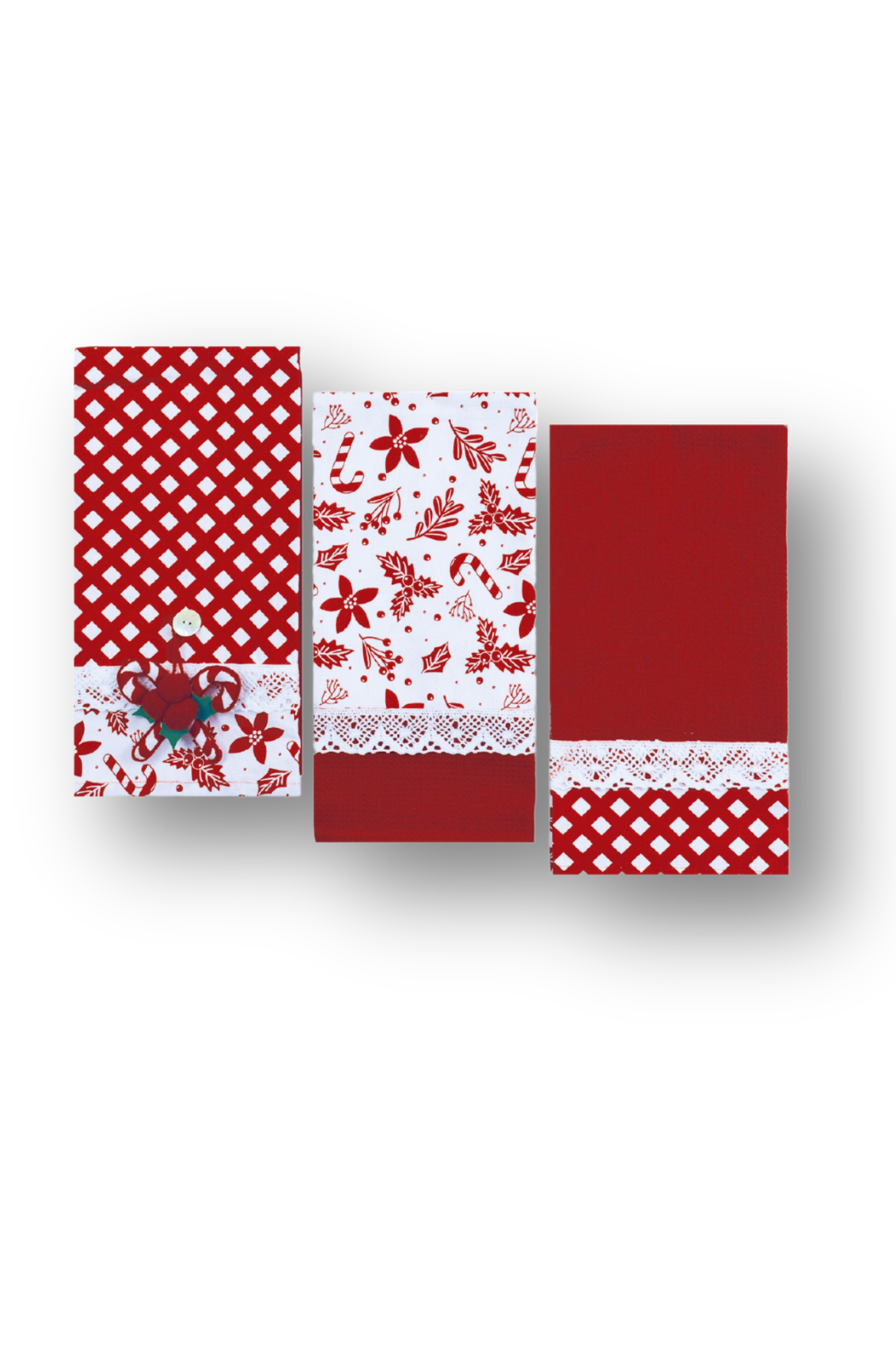 SET 3PZ STROFINACCI 50X70 NIDONE RICAMATO C/APPLICAZIONE E PIZZO 100%COT