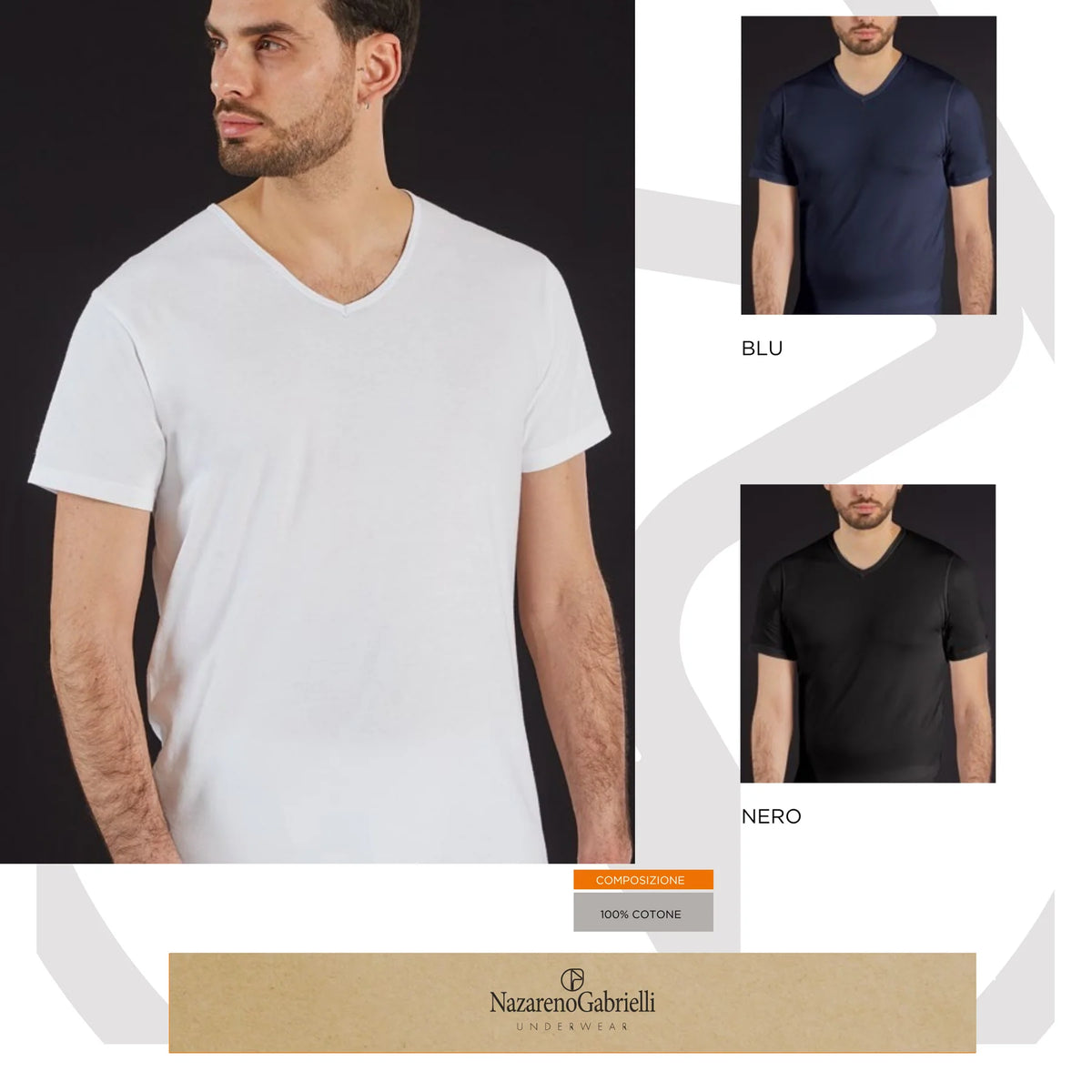 3 Pezzi - T-Shirt intime da uomo scollo a punta, 100% Cotone - Assortiti