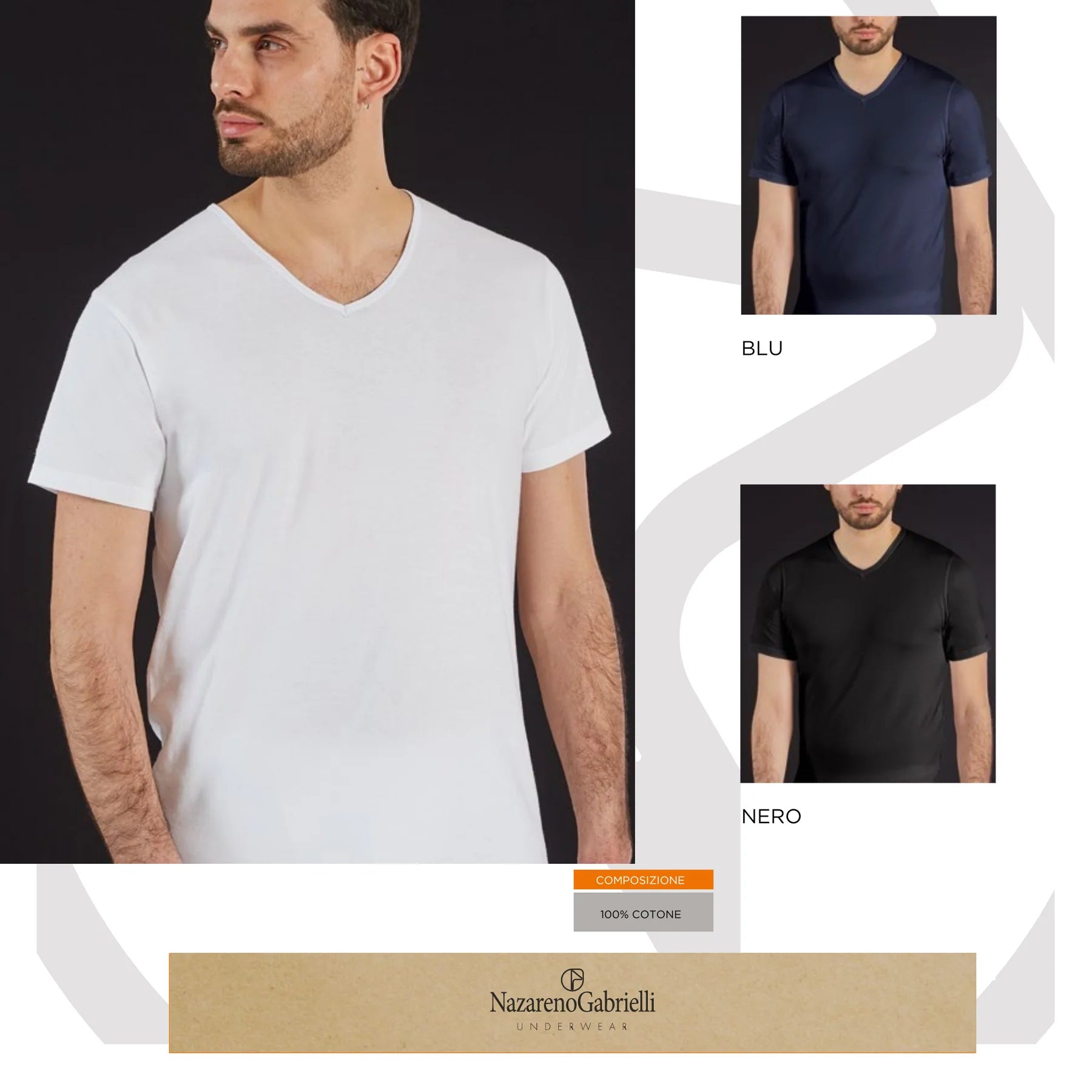 3 Pezzi - T-Shirt intime da uomo scollo a punta, 100% Cotone