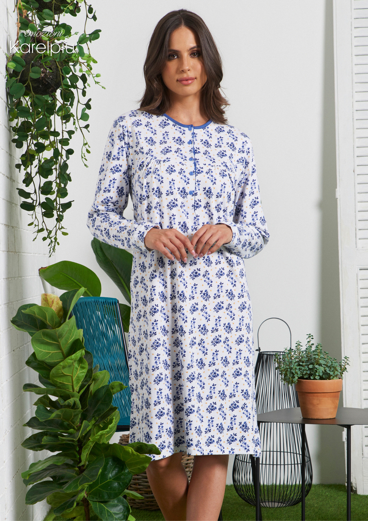 Camicia da notte in cotone manica lunga - Blu