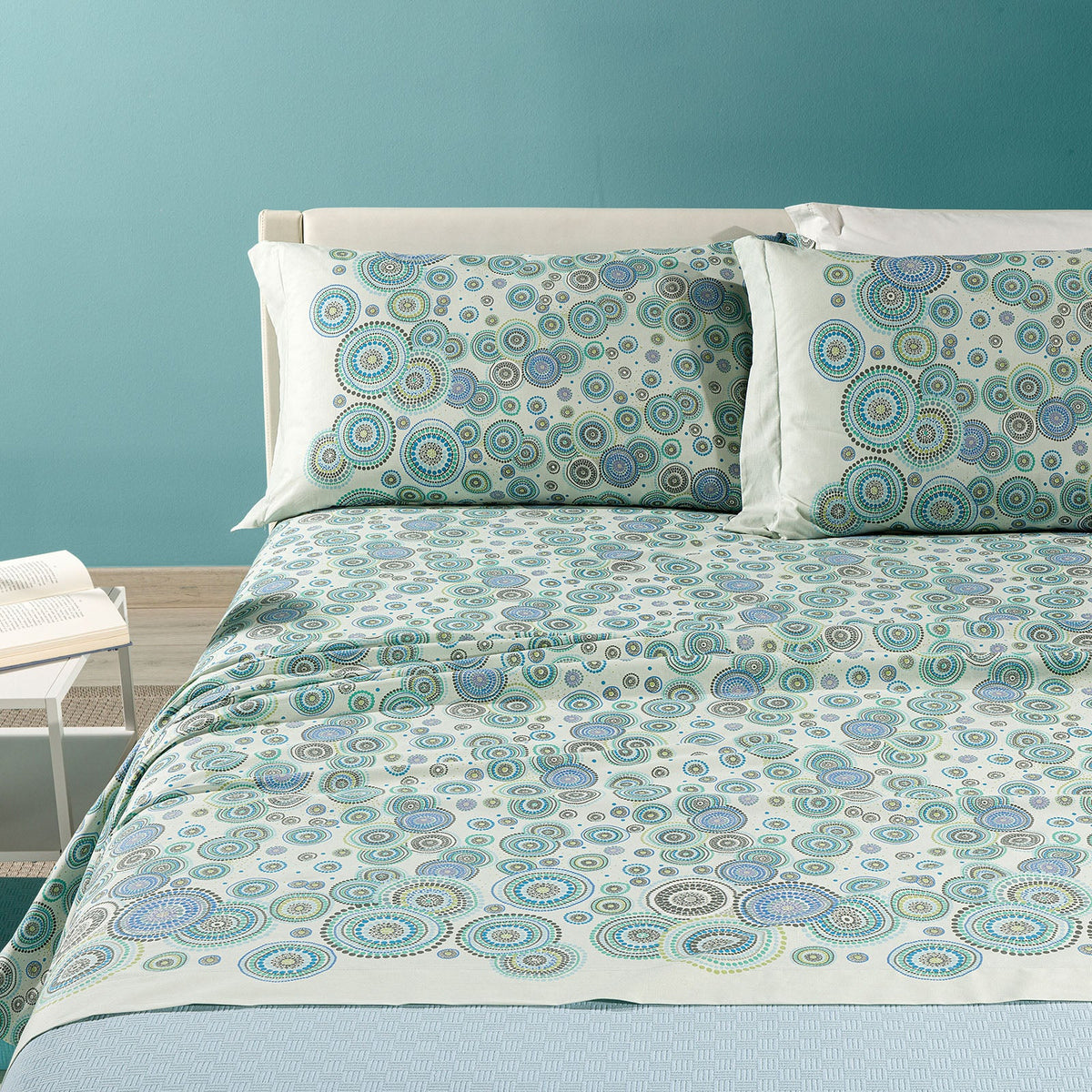 Completo Lenzuola In Cotone Dea Matrimoniale Caleffi - Azzurro