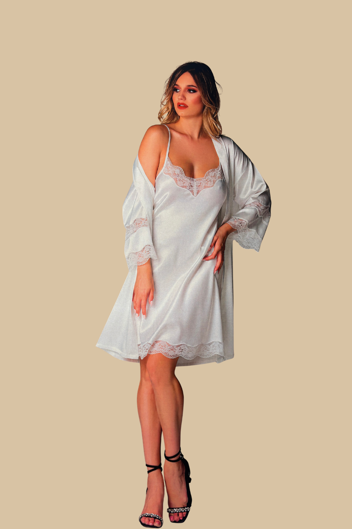 Coordinato Sposa Kimono manica 3/4 + Sottoveste bretellina - Panna