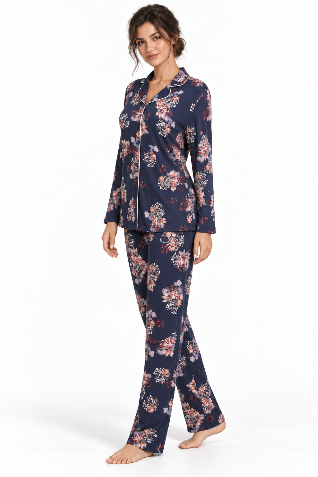 Pigiama da donna in viscosa pesante, con apertura completa davanti, manica lunga, pantalone lungo