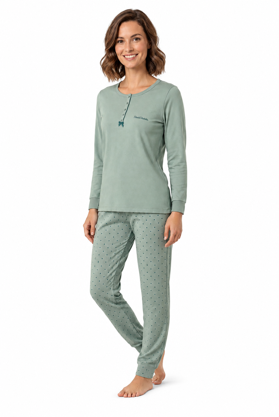 Pigiama da donna in caldo cotone, con apertura serafino, manica lunga, pantalone lungo