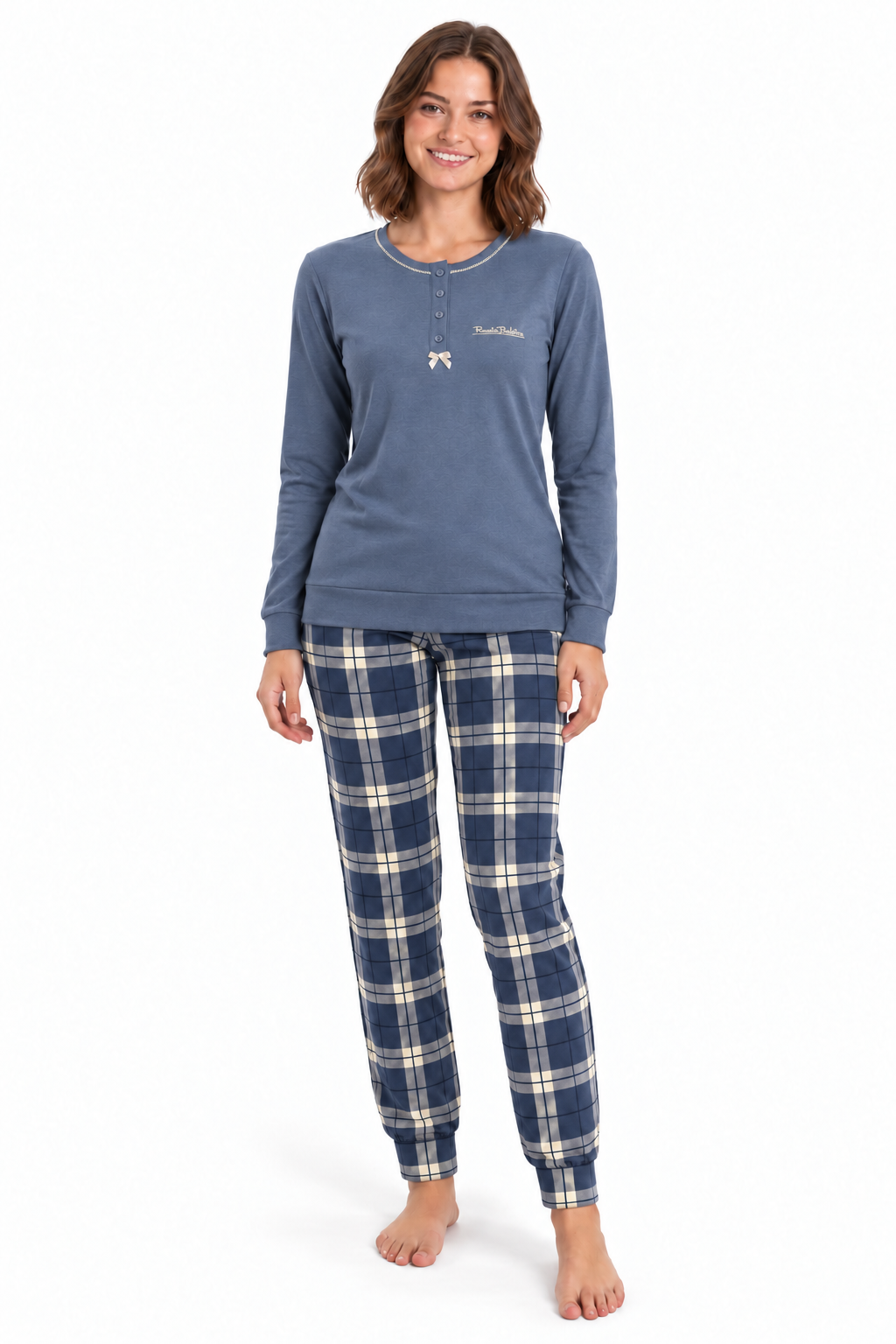 Pigiama da donna in caldo cotone, con apertura serafino, manica lunga, pantalone lungo